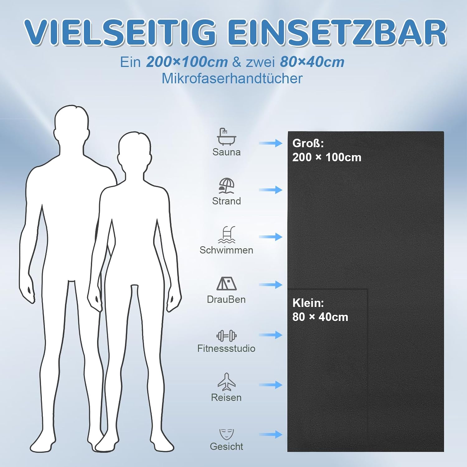Detalle de Fosdaling Mikrofaser Handtuch-Set (3-teilig) in Dunkelgrau: 200×100 cm & 2× 80×40 cm