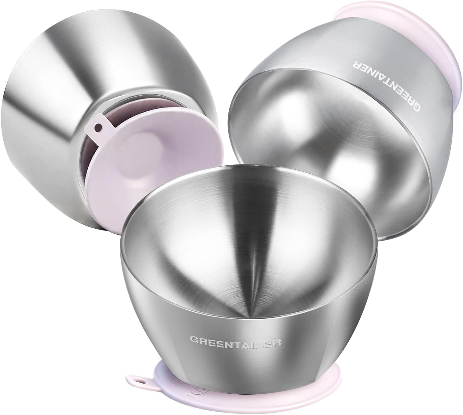 Detalle de Greentainer 304 Stainless Steel Baby Bowl Set (Pink) – Double-wall insulated toddler bowls with removable silicone suction base