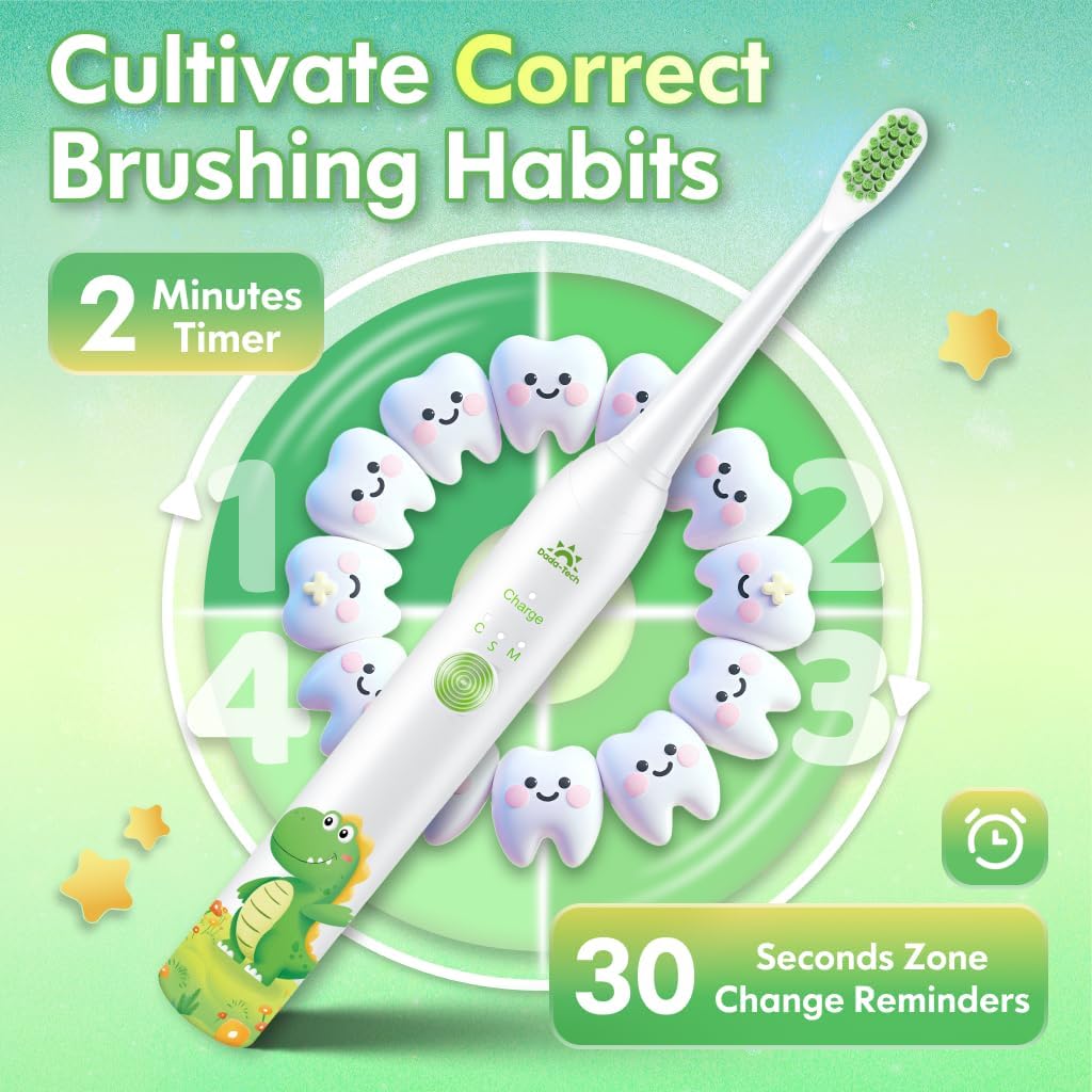 Detalle de Dada-Tech Kids Electric Toothbrush (Dinosaur White) – Rechargeable with 2-Minute Timer, 3 Modes & Reward Stickers