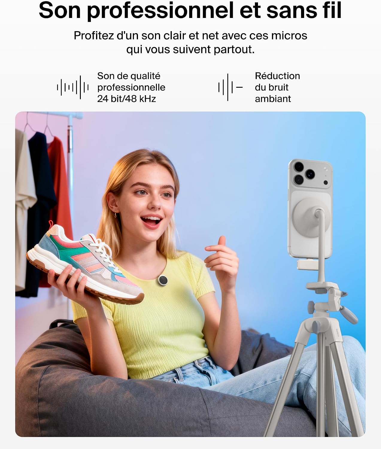 Detalle de Belkin Stage Micro sans Fil avec Clip d'attache – Micro-cravate sans fil double, 24 bit/48 kHz, 36 h d’autonomie