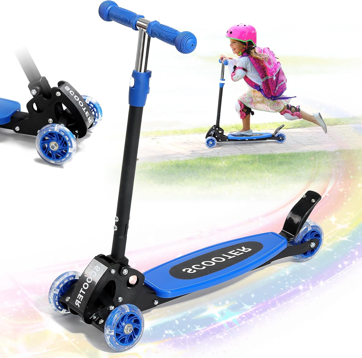 Detalle de Kids 3-Wheel Kick Scooter (Ages 3–7) with Light-Up Wheels, Lean-to-Steer, Adjustable Handlebar