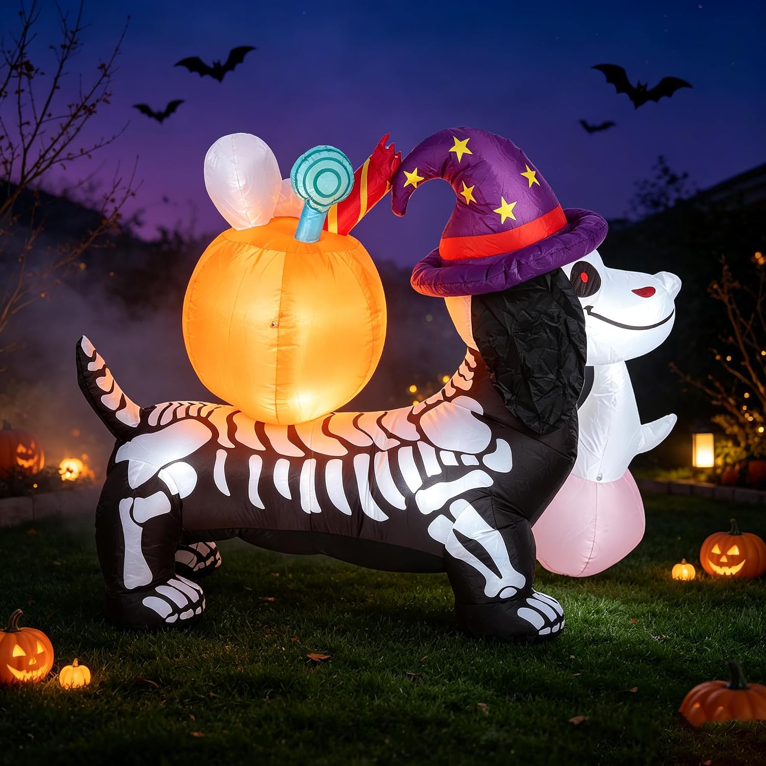 Detalle de Mrerthos 5FT Inflatable Skeleton Dachshund with Pumpkin, Light-Up Halloween Decor