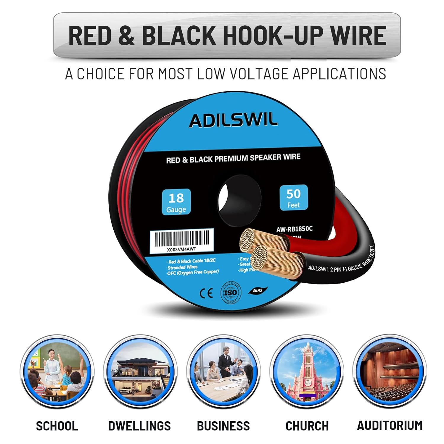 Thumbnail 5 de ADILSWIL 18/2 Speaker Wire Cable, 18 Gauge, 50FT (OFC) Red/Black CL2 Flexible Stranded Wire