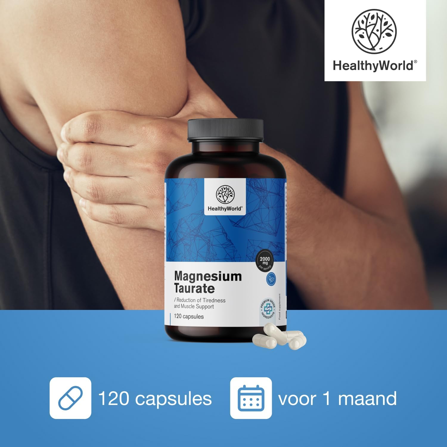 Detalle 2 de HealthyWorld Magnesiumtauraat 2000 mg, 120 plantaardige capsules met taurine