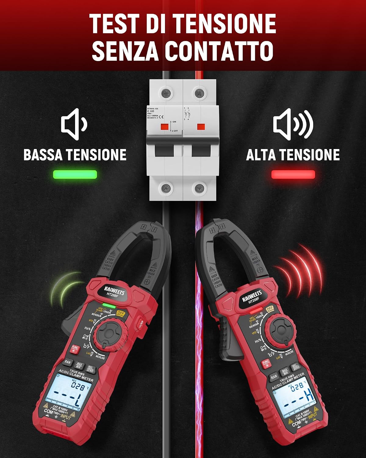 Detalle de Pinza Amperometrica KAIWEETS HT208F AC/DC 1000A: ampere digitale con conteggio e funzioni avanzate
