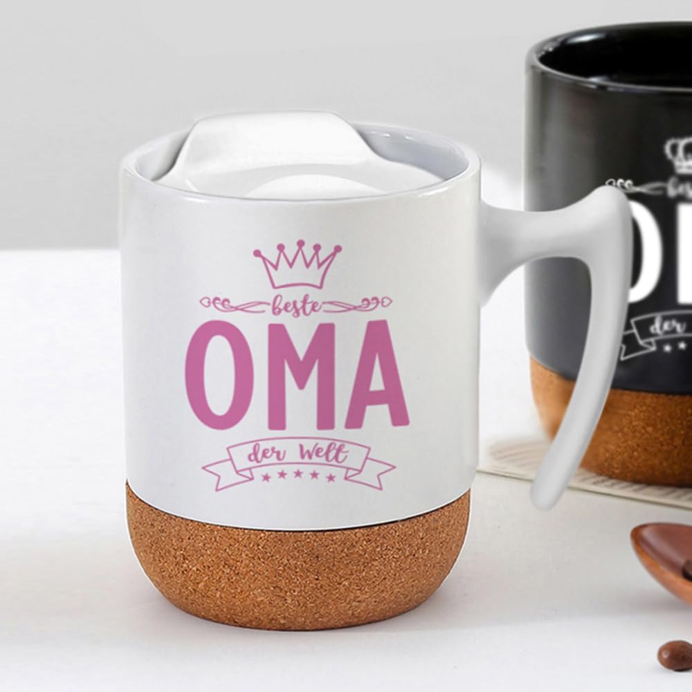 Detalle de Muttertagsgeschenk Oma: Tasse mit Deckel und Untersetzer – 350 ml, „Beste Oma der Welt“