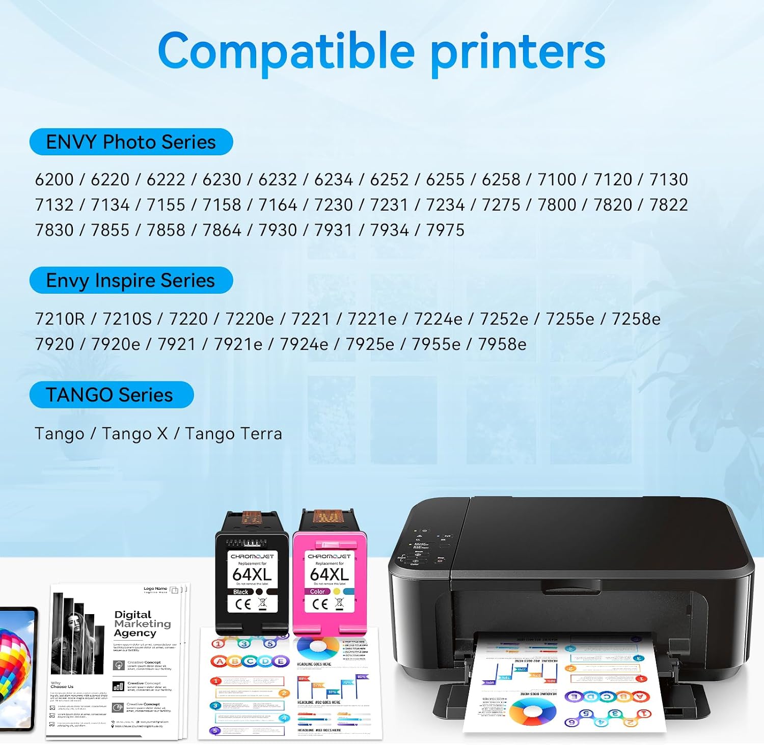 Detalle 2 de Chromojet HP 64XL Compatible Ink Cartridge Combo Pack, Black and Color, 2-Pack