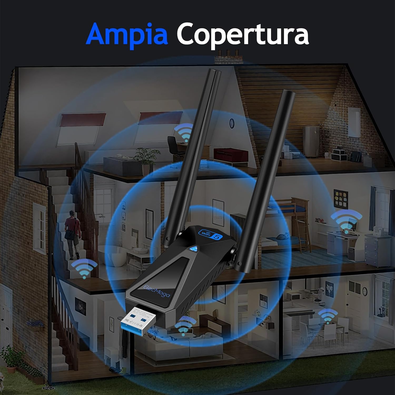 Thumbnail 5 de ElecMoga Chiavetta WiFi AC1300 USB 5dBi per PC e laptop 📶