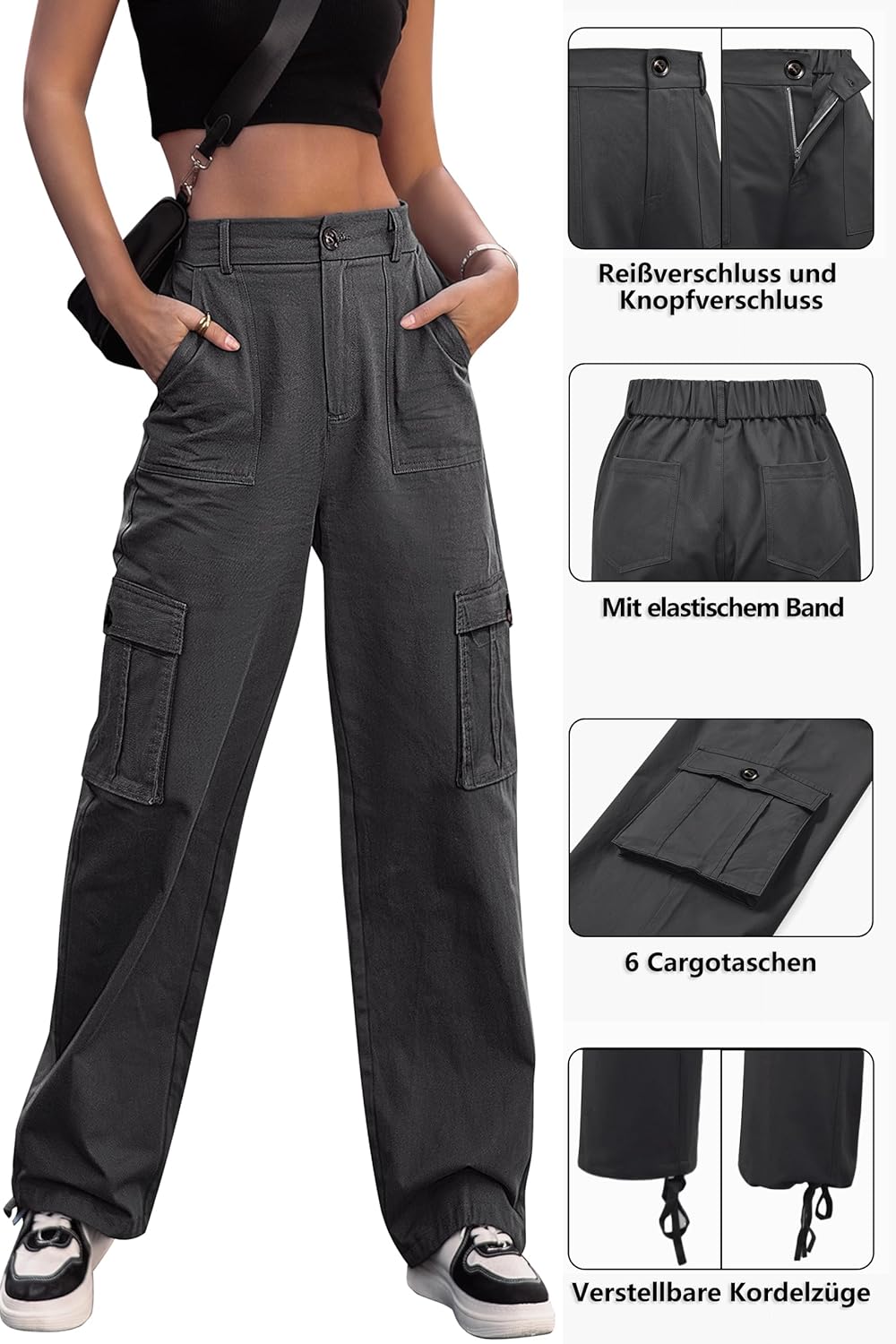 Detalle de Dordanity Y2K Cargohose für Damen – Baggy High Waist mit 6 Taschen aus Baumwollmischung