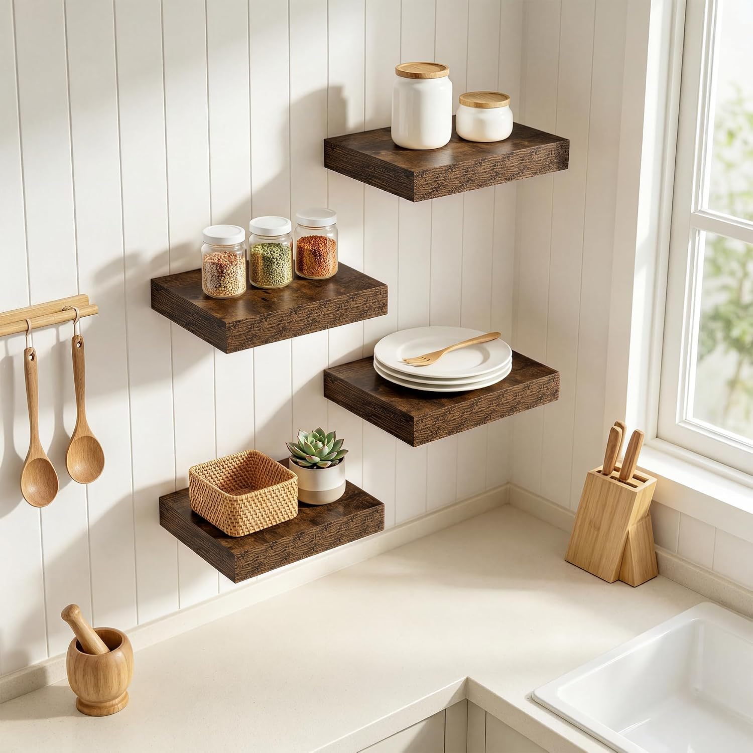 Thumbnail 1 de RICHFOCUS 8 Inch Floating Shelves Set of 4: Rustic Wall Shelves with Invisible Brackets