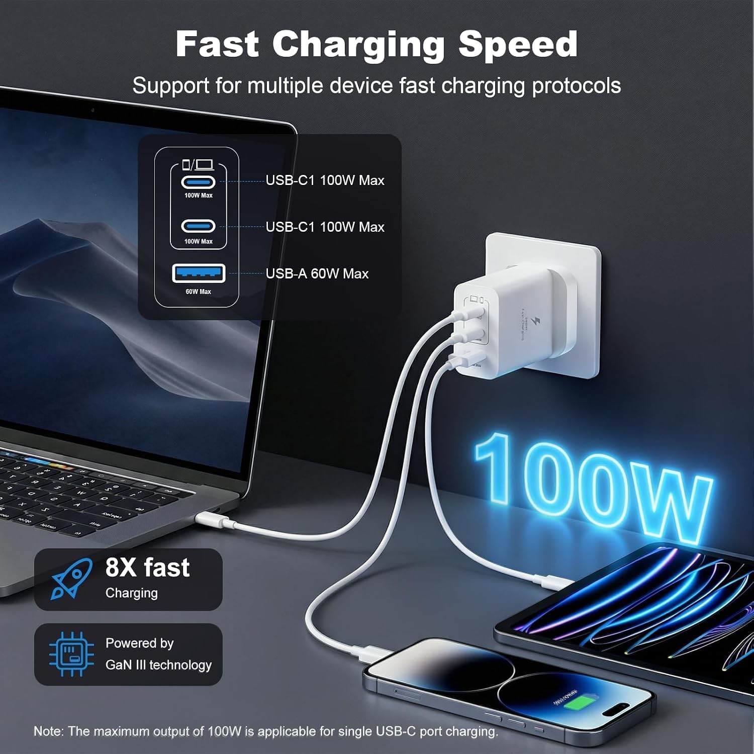 Detalle de iPhone Charger Fast Charge USB C Plug 100W with 100W USB-C Cable & Lightning Cable – UK 3-Port Multi-Charger