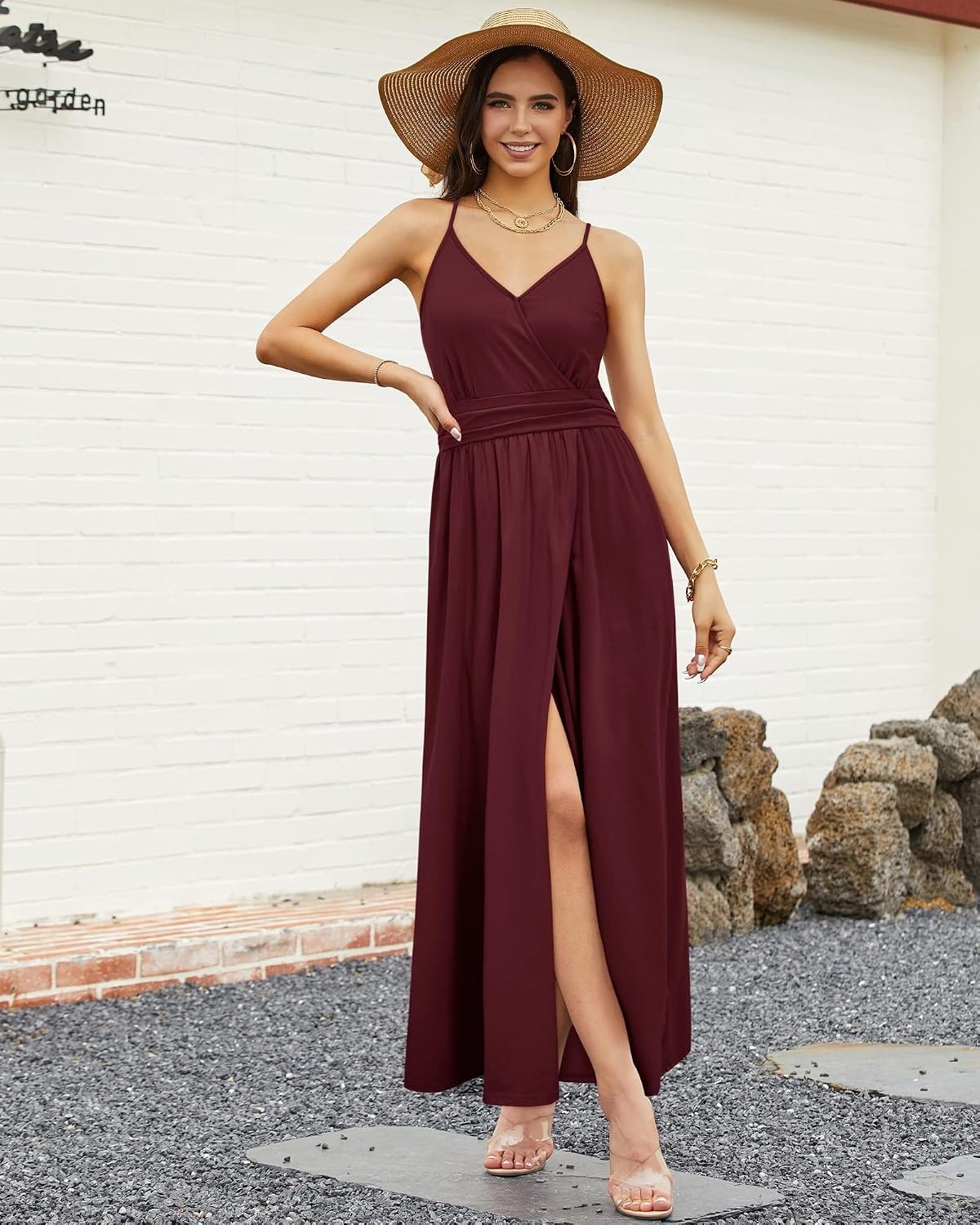 Detalle de Newshows Sommerkleid Damen Lang Maxikleid mit V-Ausschnitt, Spaghettiträgern & Schlitz