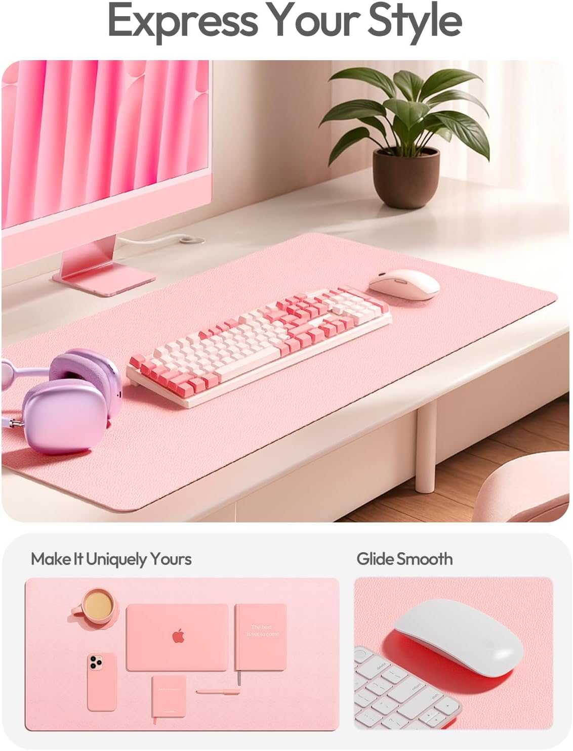 Detalle 2 de YSAGi Leather Desk Protector, 23.6" x 13.8" Light Pink PU Desk Mat