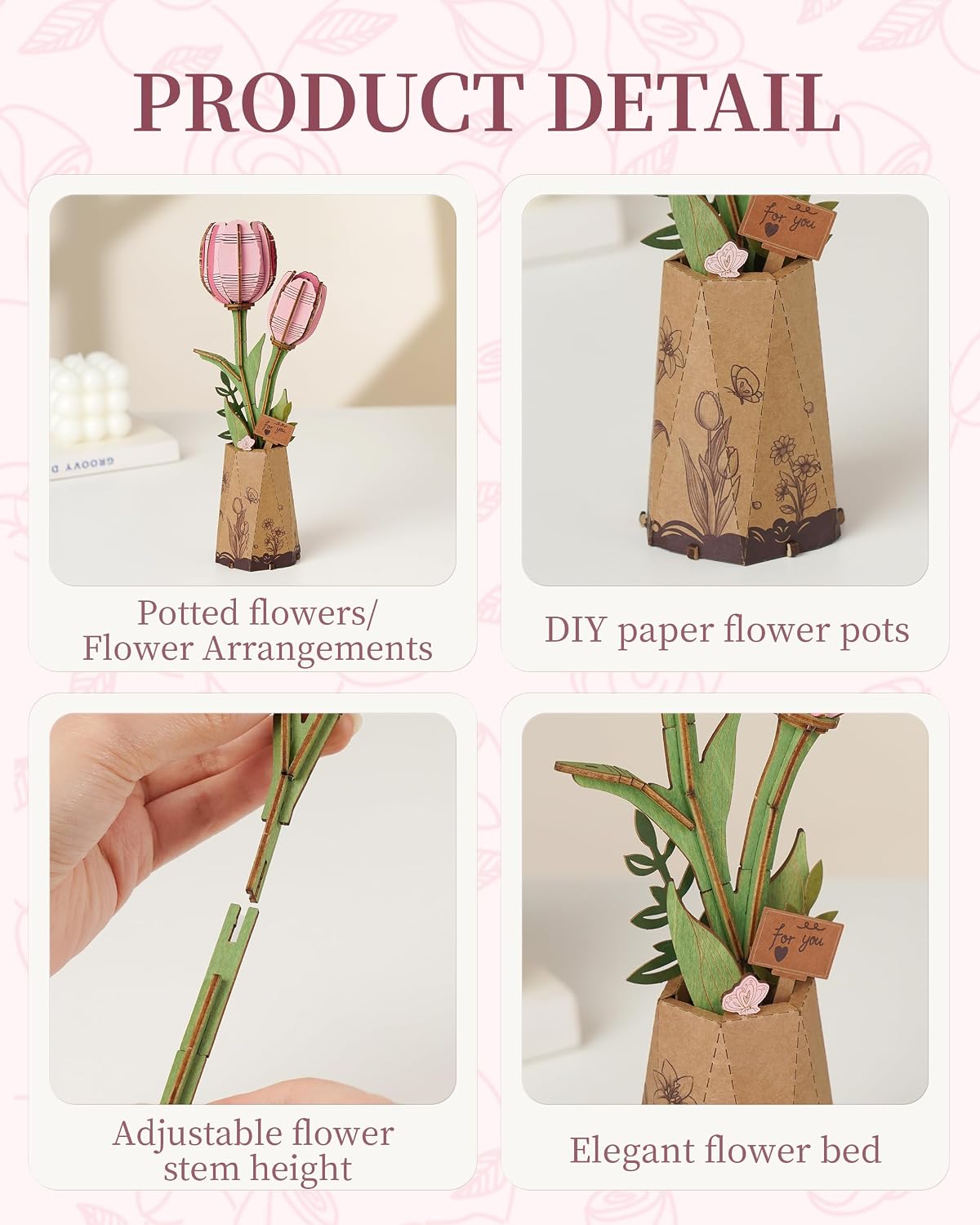 Thumbnail 1 de ROBOTIME Pink Tulip 3D Wooden Puzzle 1.5h