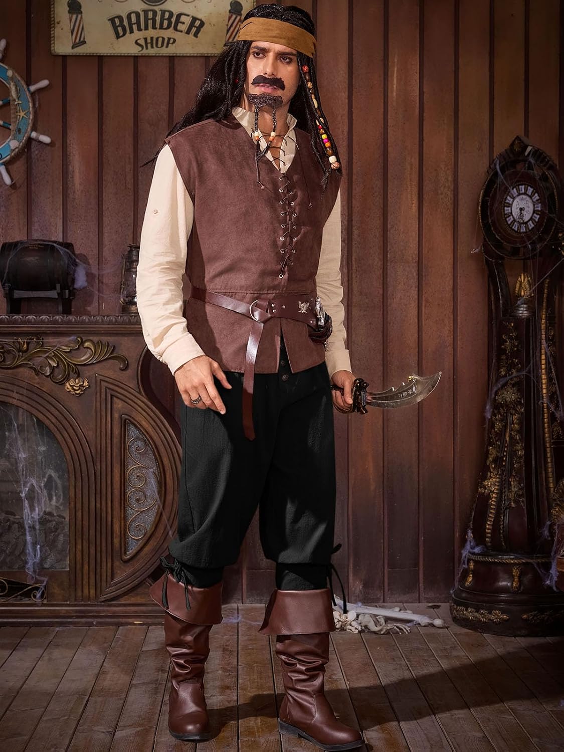 Detalle 1 de Runcati QT1806 Men's Medieval Pirate Pants, Cotton, Lace-Up Cuffs, Side Pockets