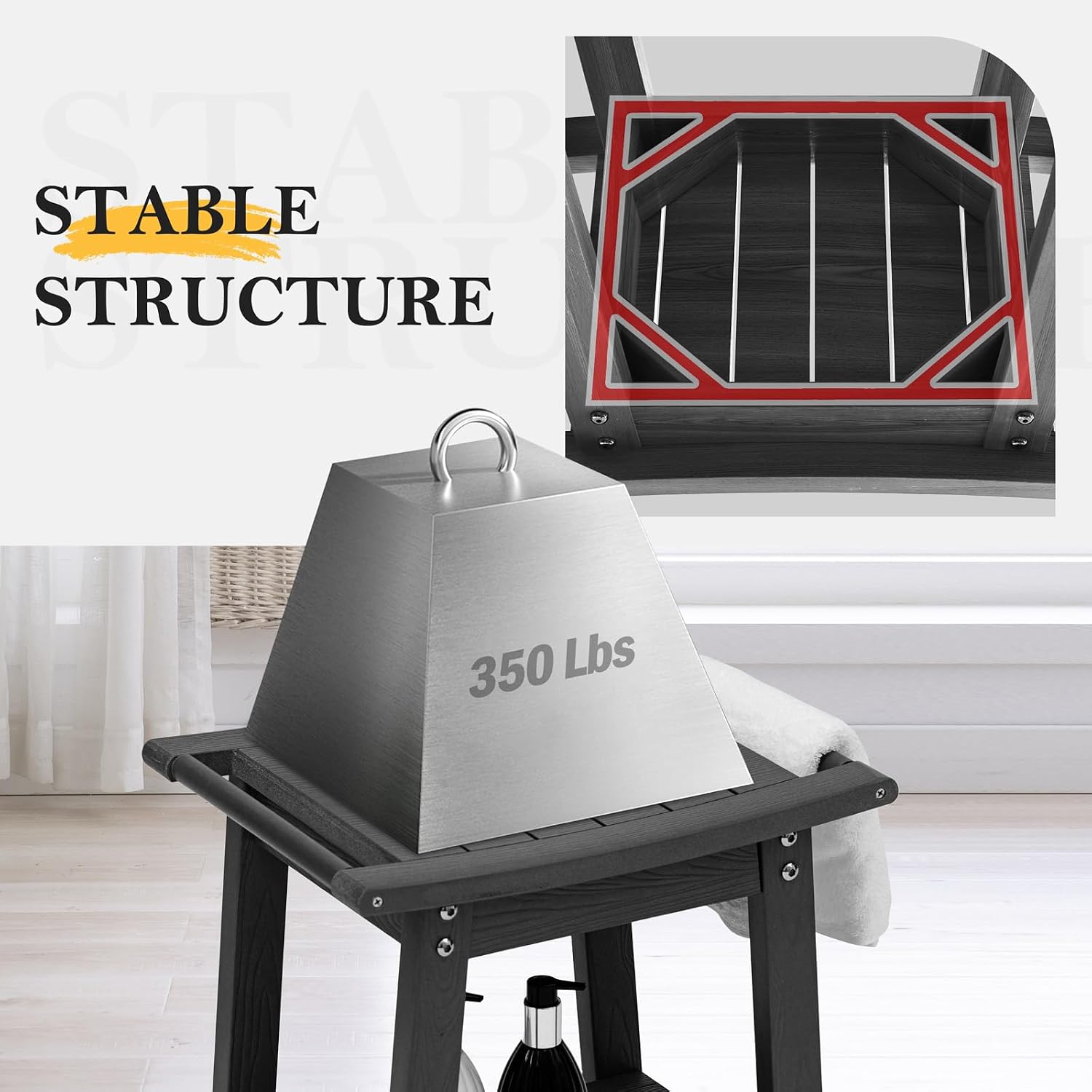 Detalle 2 de WISHCII HDPE Shower Bench Seat, HIPS Chair with Storage Shelf and Towel Rack