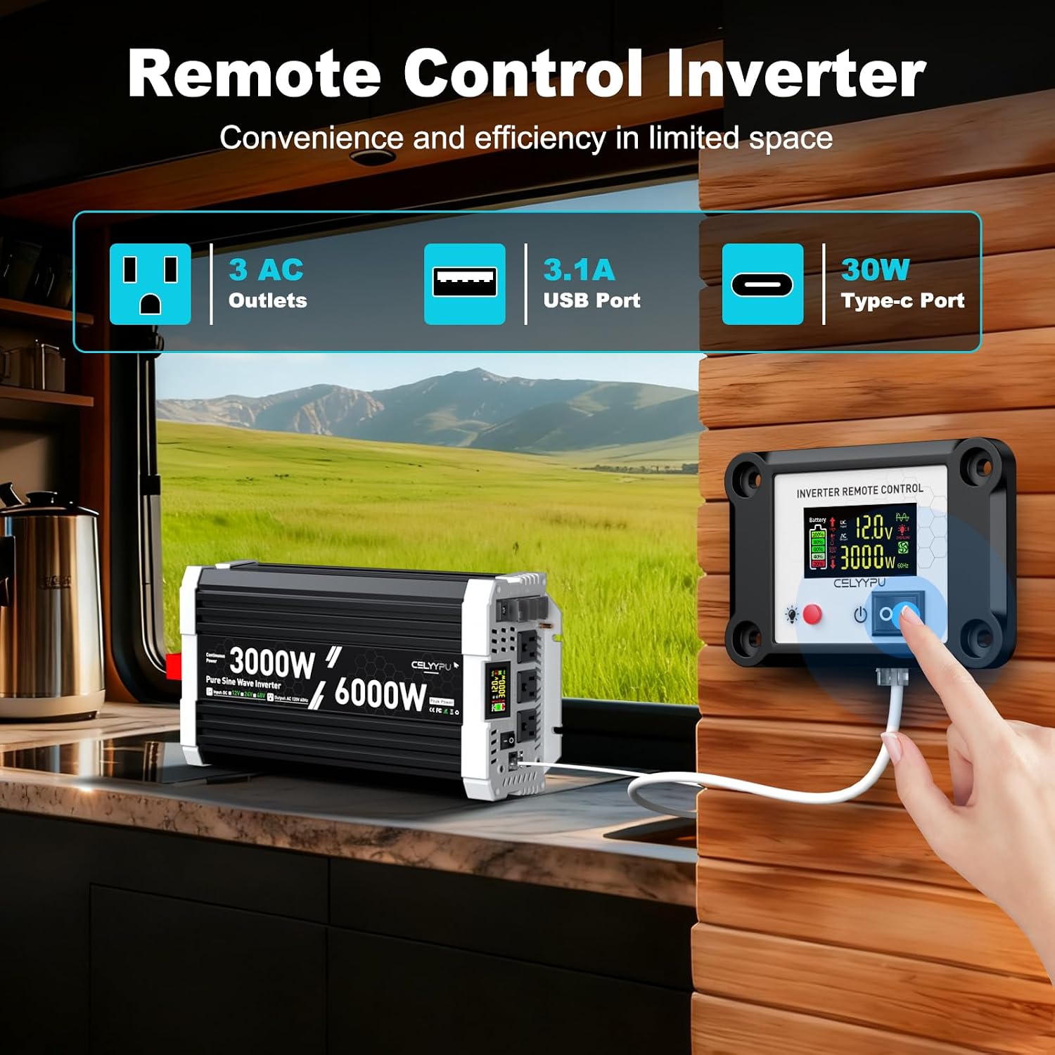 Thumbnail 1 de 3000W Pure Sine Wave Inverter: 12V DC to 110V AC with Dual LCD Remote, USB-C, and 3 Outlets for RV/Off-Grid