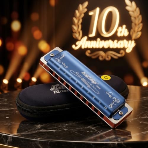 Detalle de East top Harmonica Key of C, 10 Holes Diatonic Mouth Organ with Blue Case