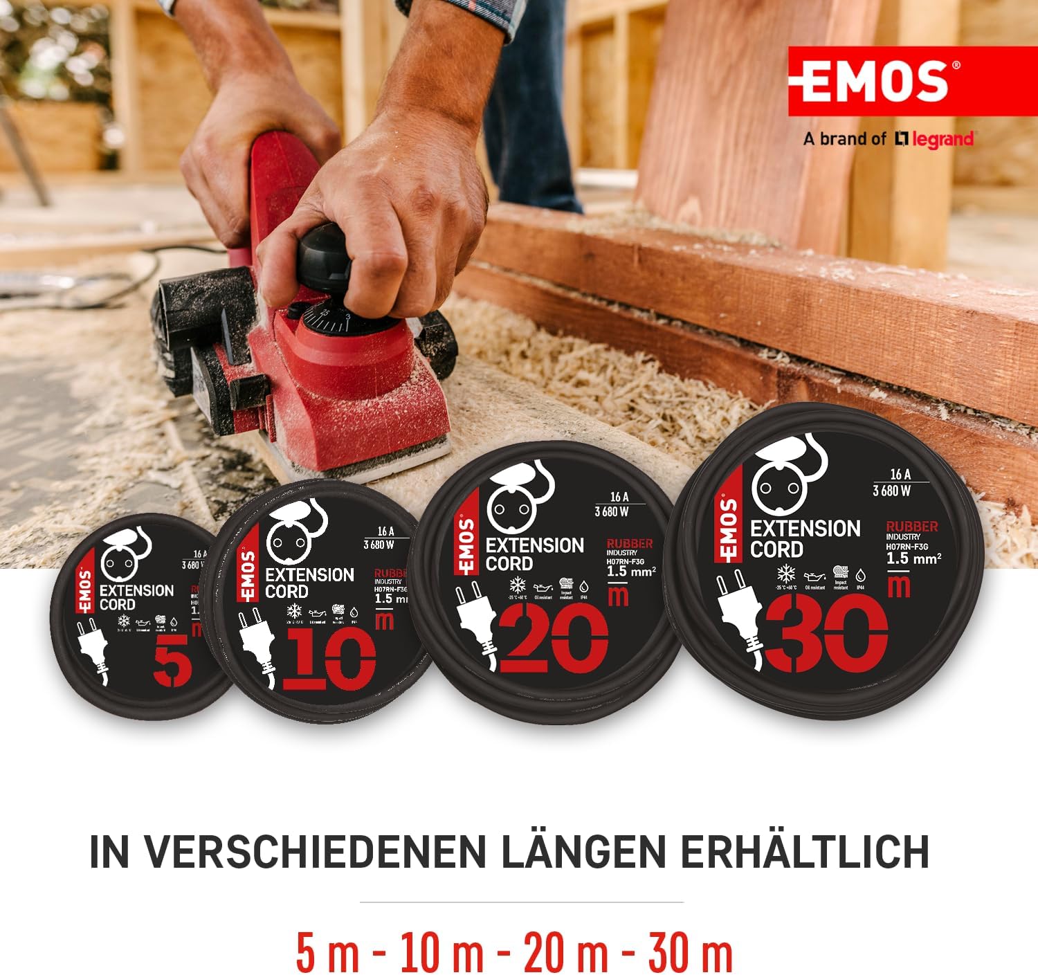 Detalle de EMOS IP44 Verlängerungskabel 30 m (1 Schuko, wasserdicht) – H07RN-F 3G 1,5 mm², schwarz