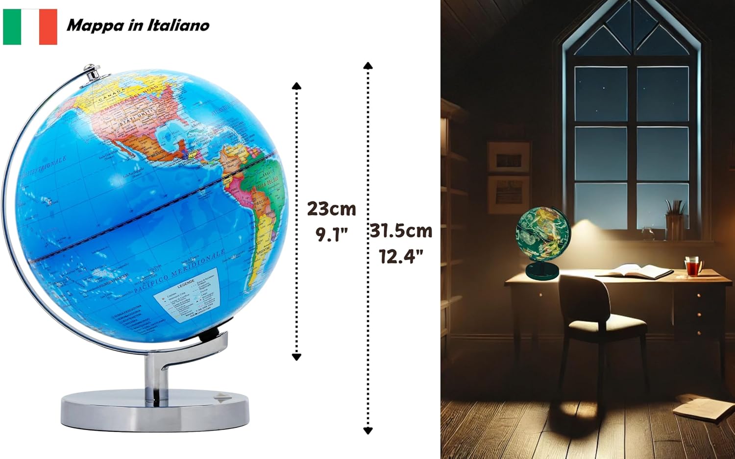Thumbnail 1 de Exerz Mappamondo Illuminato 23 cm con supporto in metallo: Politica di giorno, Costellazioni di notte