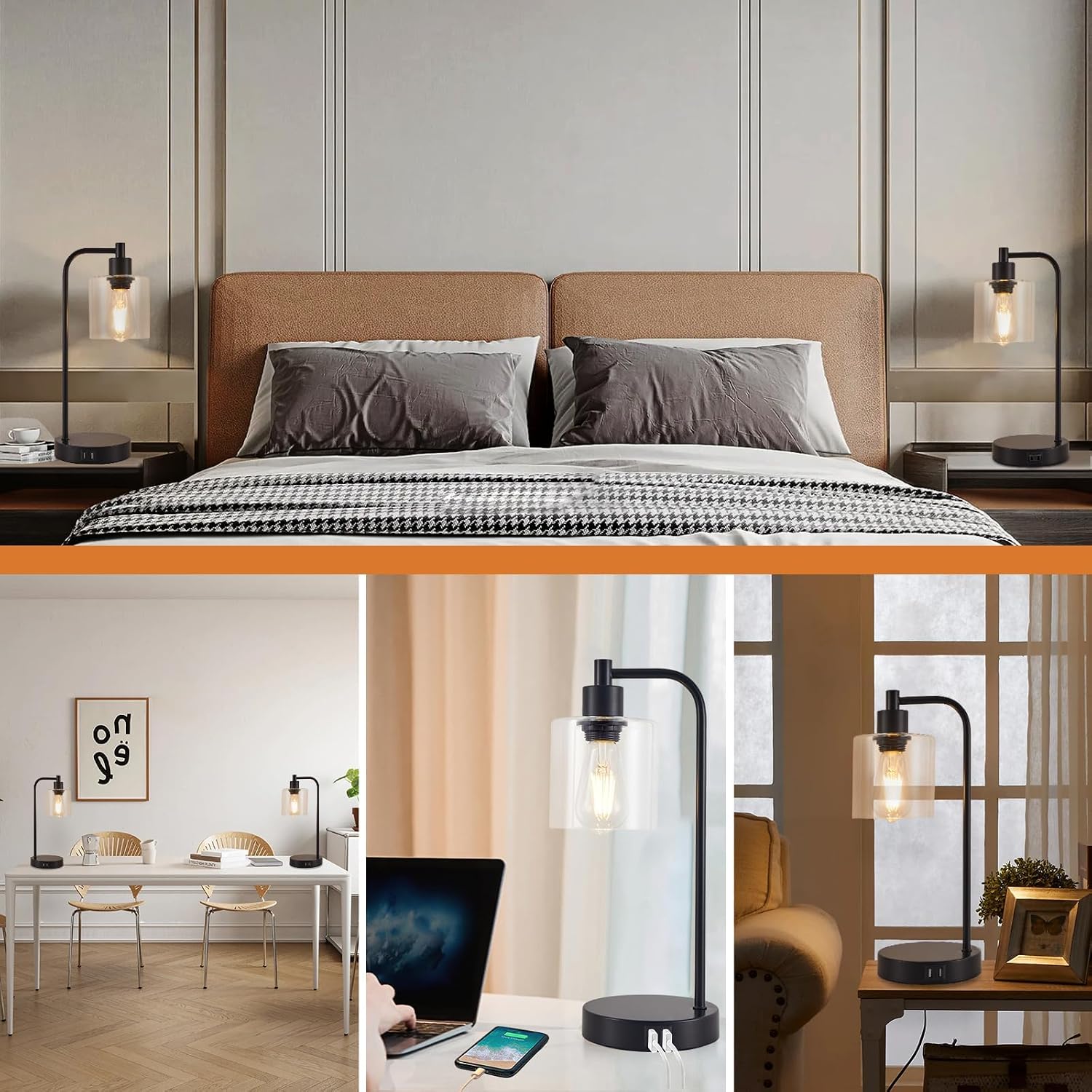 Thumbnail 6 de SANGFOR XLGZ-L1-013BK Table Lamp Set of 2 with Glass Shades, Touch Dimming and USB