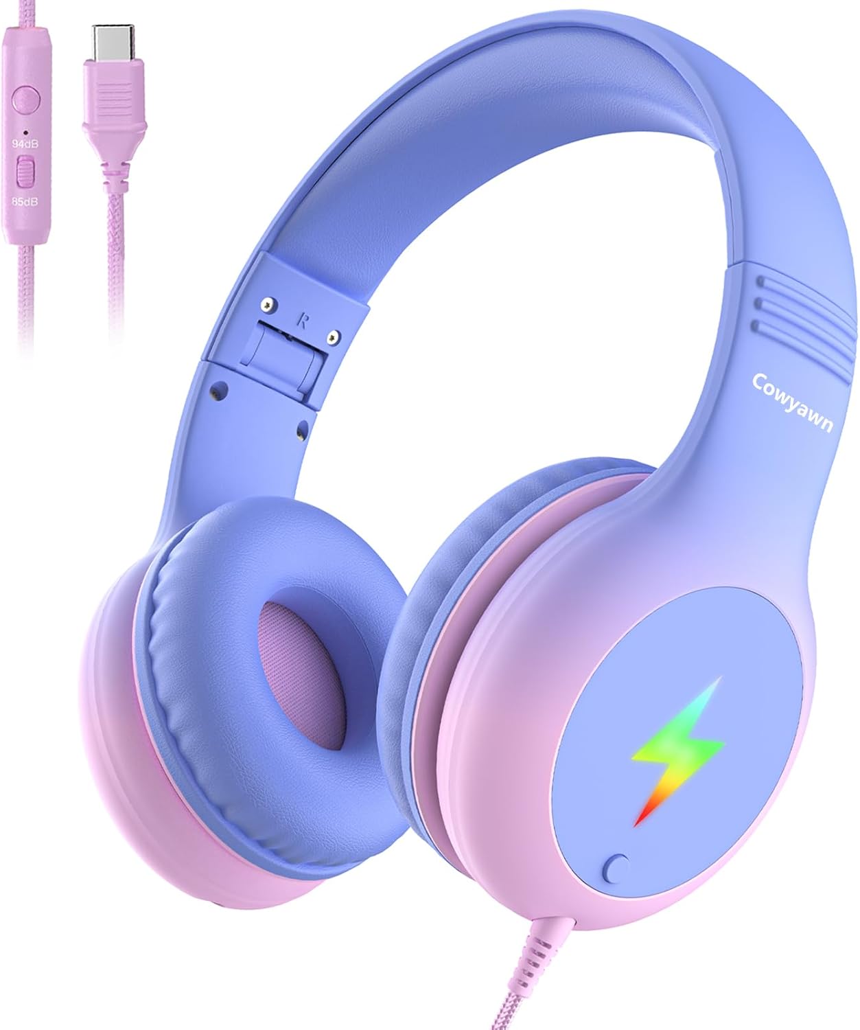 Detalle de Cowyawn Kinder-Kopfhörer mit LED-Lichtern – USB-C Over-Ear, Mikrofon, 85/94 dB, Violet