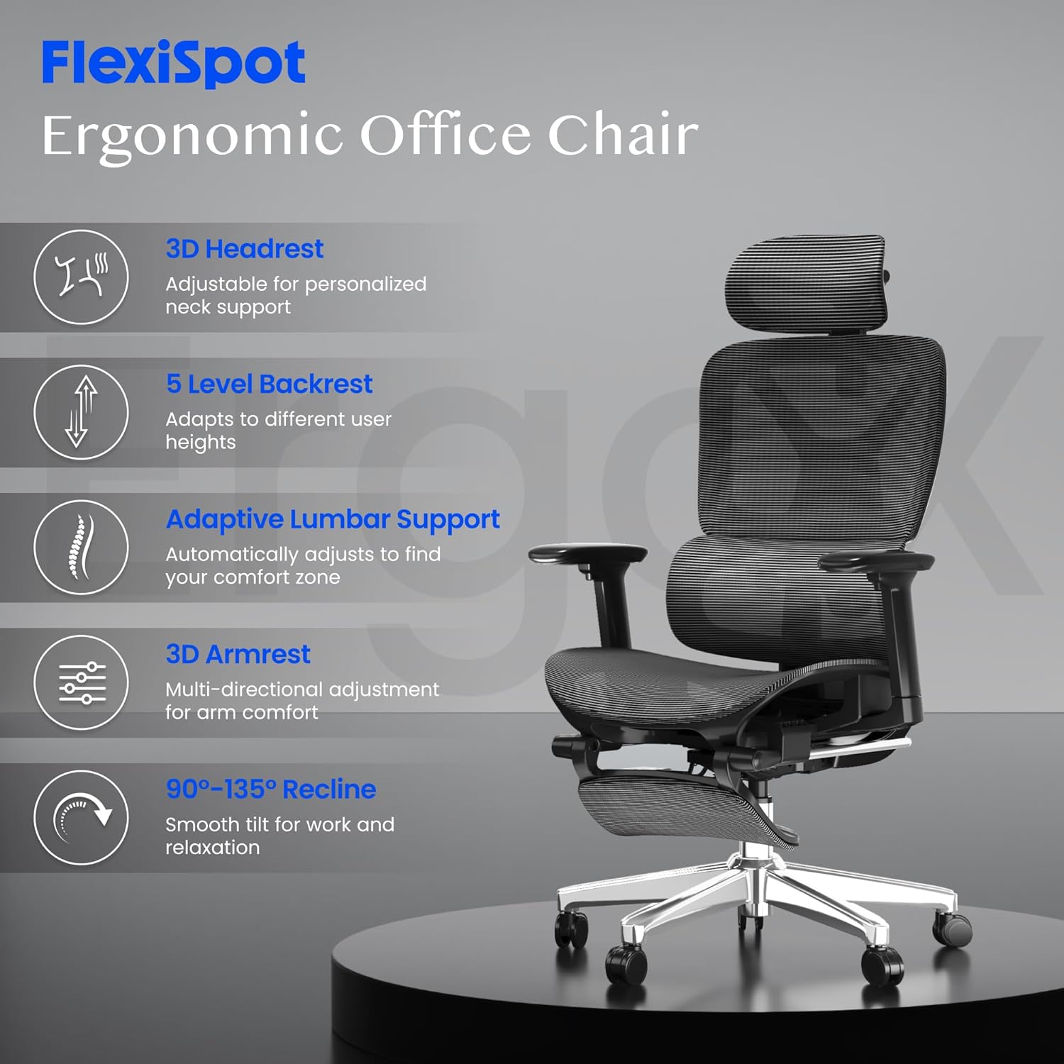 Thumbnail 2 de FLEXISPOT ErgoX Chaise de bureau ergonomique en maille pivotante avec repose-pieds, accoudoirs 3D et soutien lombaire indépendant (gris)