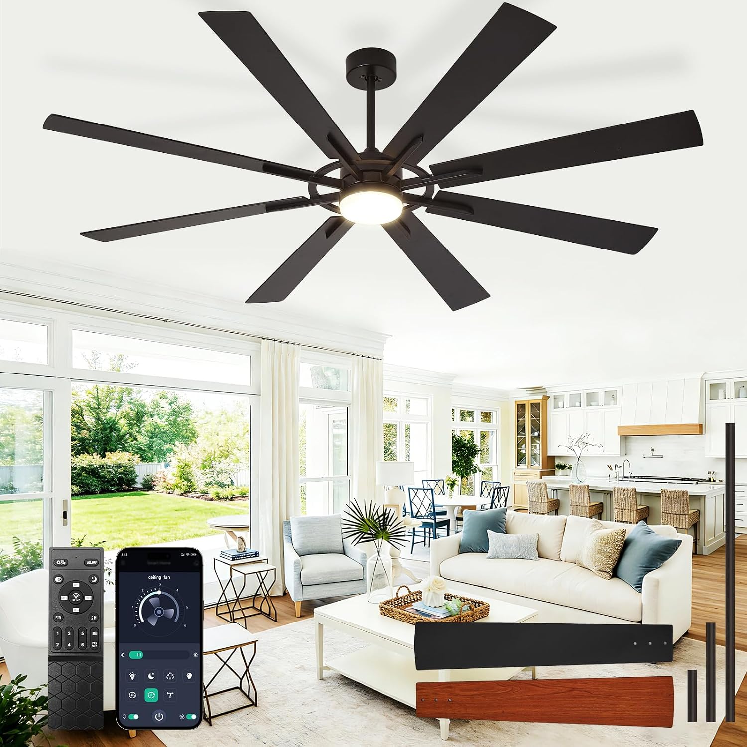 Detalle de BvenuBigLite 72-Inch Outdoor Ceiling Fan with Lights (8-Blade, DC Motor, App & Remote)