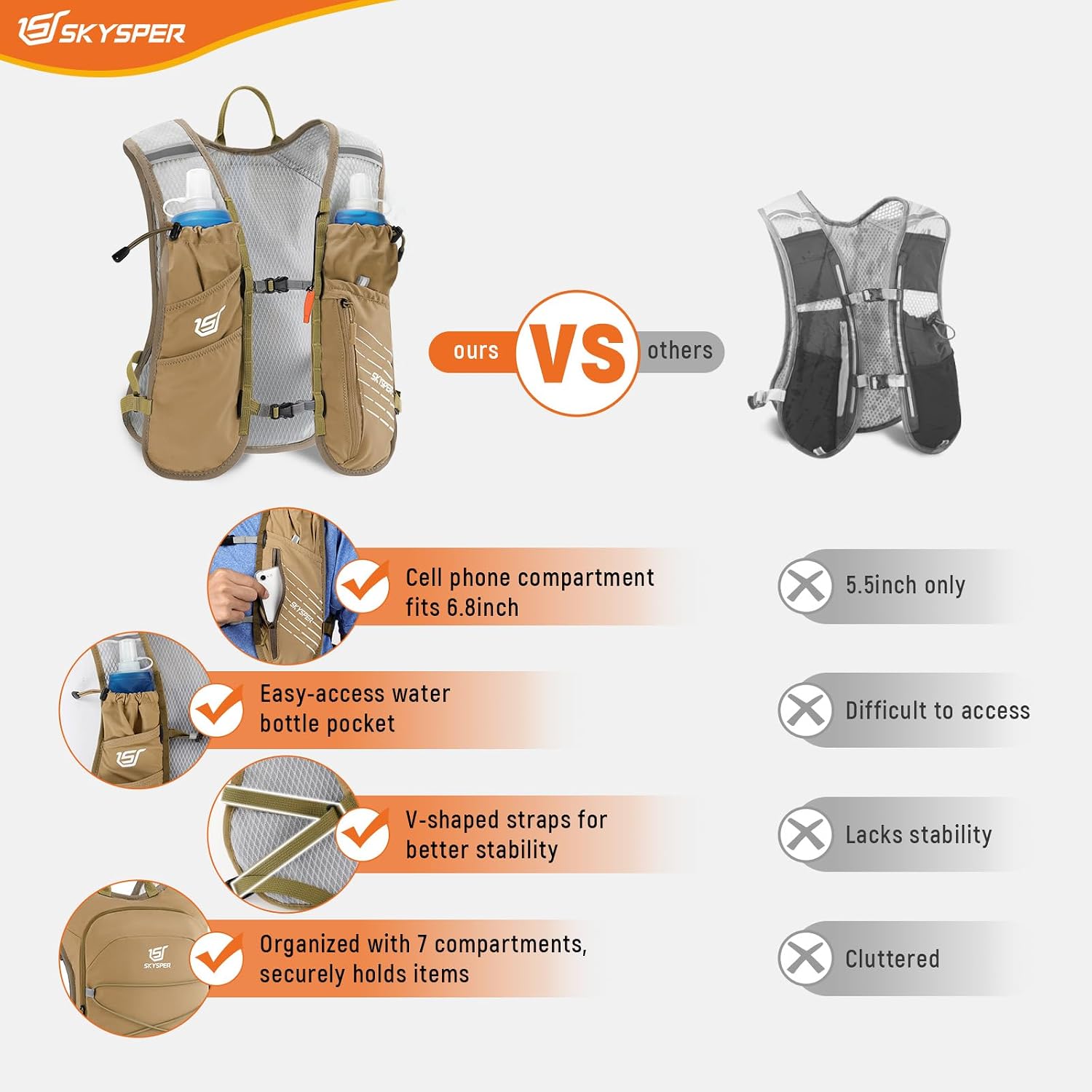 Detalle de SKYSPER Zaino Idratazione 12L: Gilet Trail con 2 Borracce 500ml, 9 Scomparti e Peso 230g