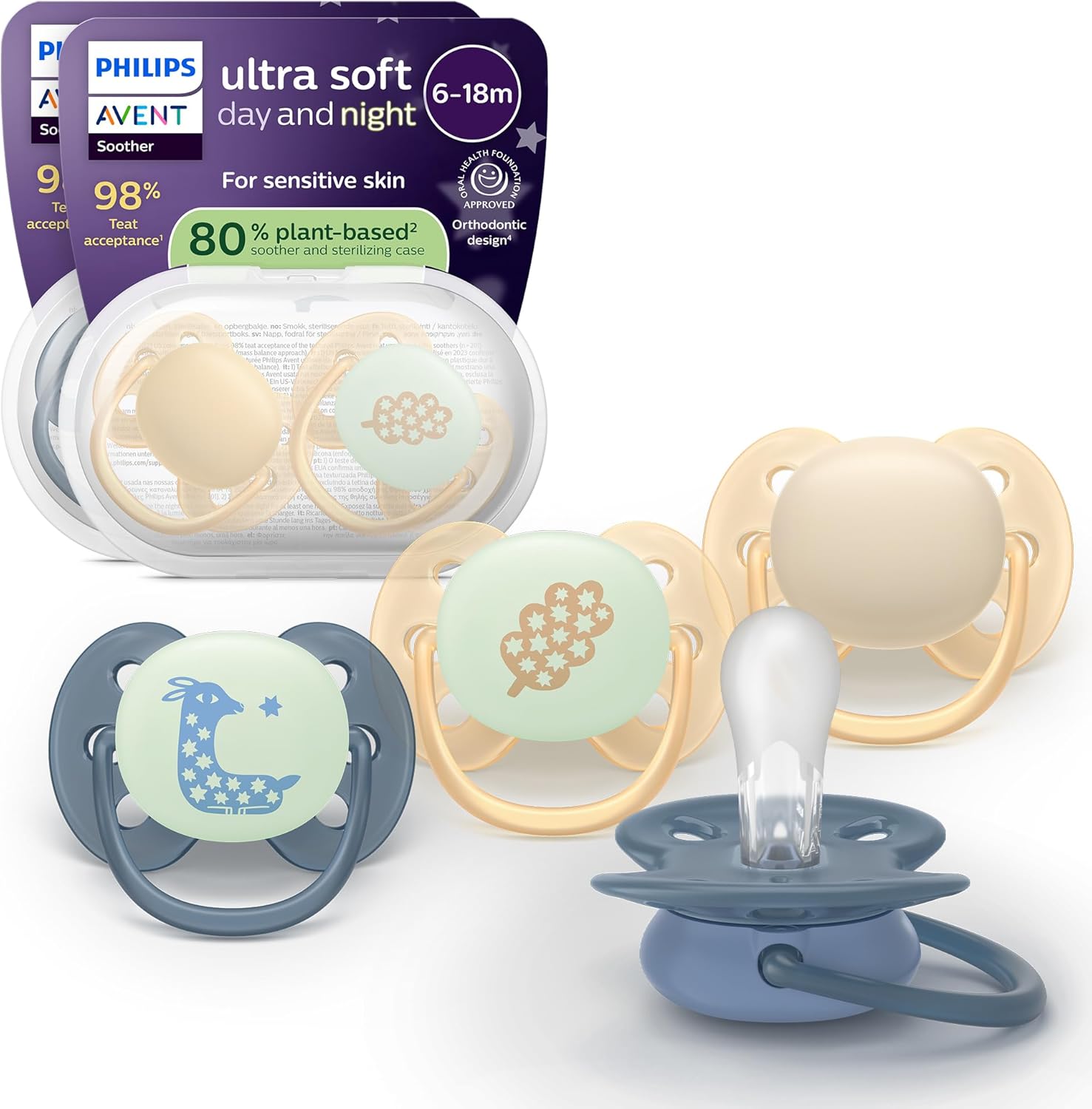 Detalle de Philips Avent Ultra Soft Day & Night Soothers (6-18 months) – BPA-Free, Glow in The Dark, Orthodontic Silicone, 4 Pack (SCF094/10)