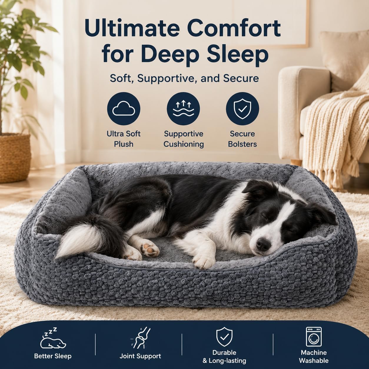Thumbnail 6 de Oveppy Large Dog Bed 76x62x23cm – Washable super-soft rectangle with raised edge