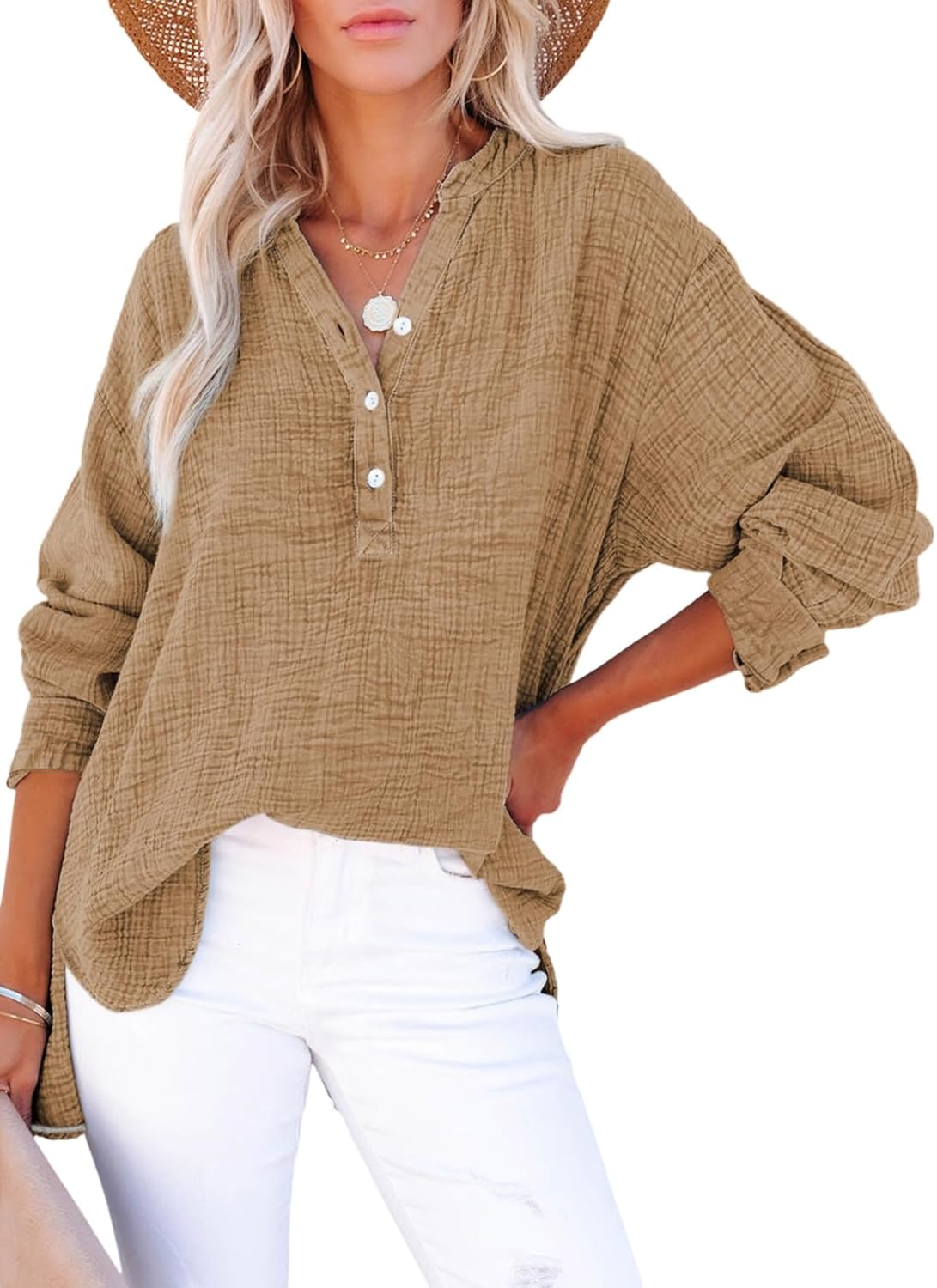 Thumbnail 5 de Dokotoo Women's Casual Button V-Neck Long Sleeve Oversized Solid Blouses Tops