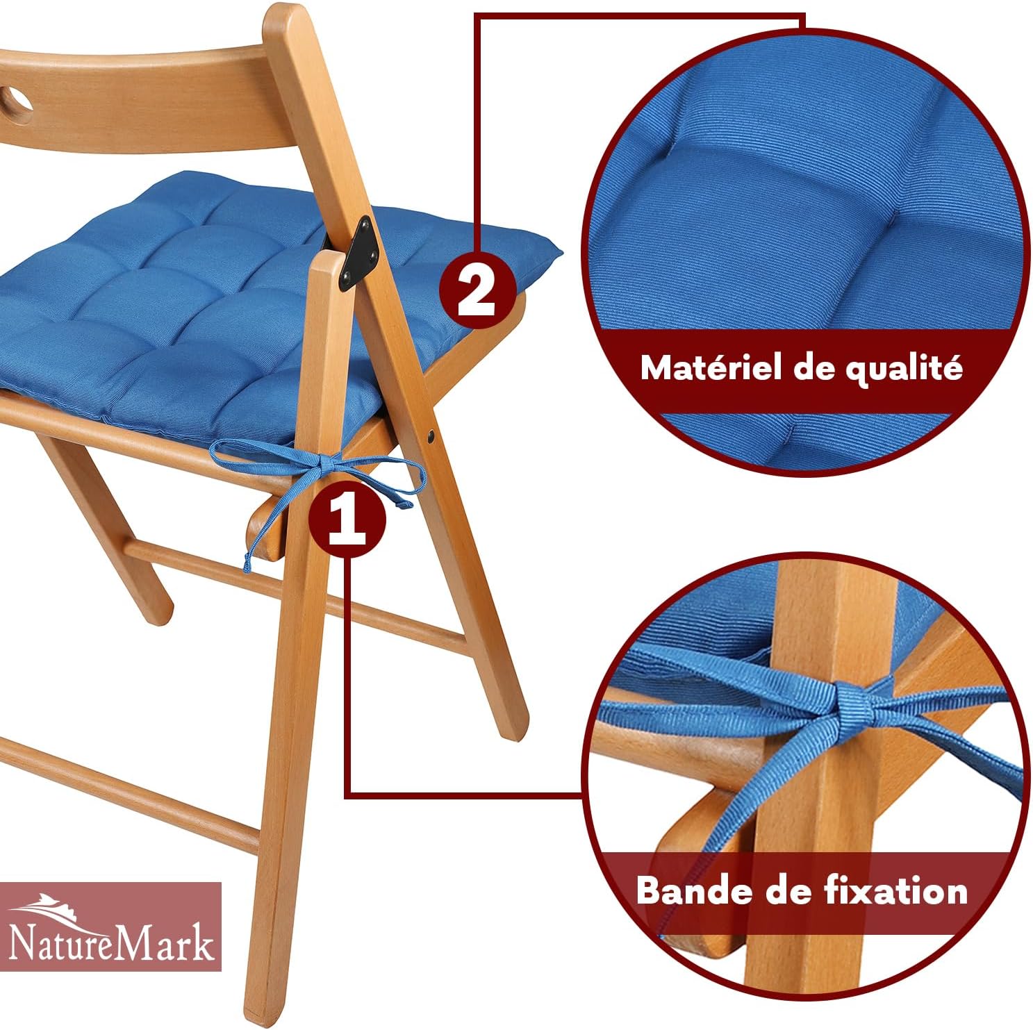 Thumbnail 5 de NatureMark Lot de 4 galettes de chaise 40x40 cm – Bleu Royal, intérieur & jardin