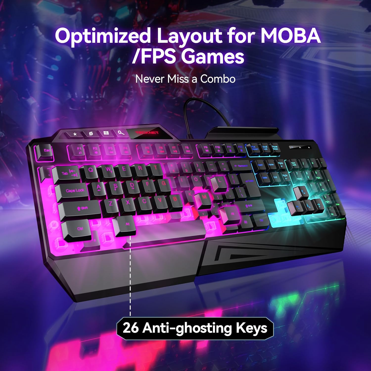 Thumbnail 1 de TECKNET Wired RGB Gaming Keyboard – 26-Key Anti-Ghosting with Ergonomic Wrist Rest