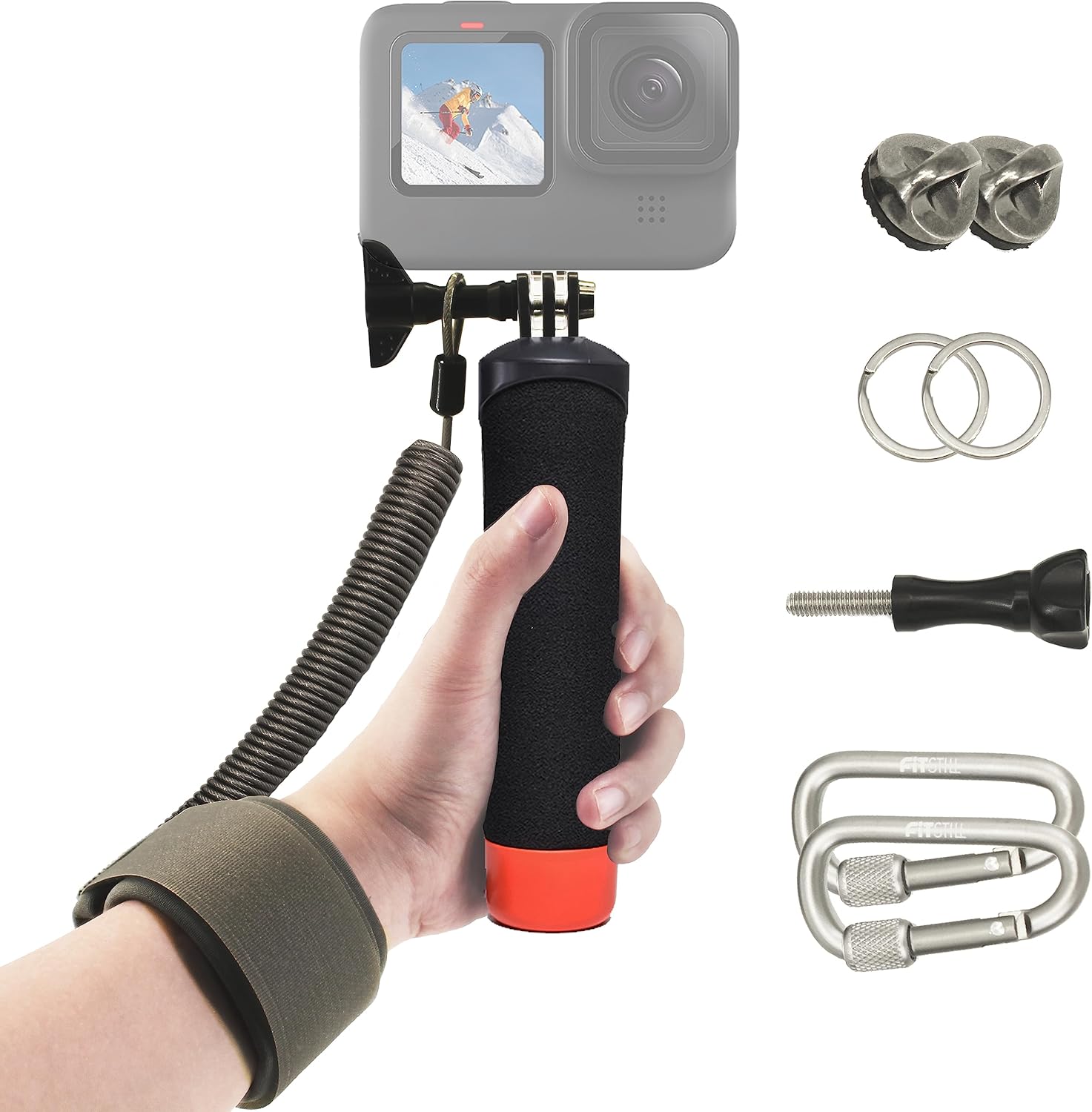 FitStill Waterproof Monopod Floating Hand Grip with Steel‑Cored Safety Rope for Go Pro, DJI Osmo Action and More