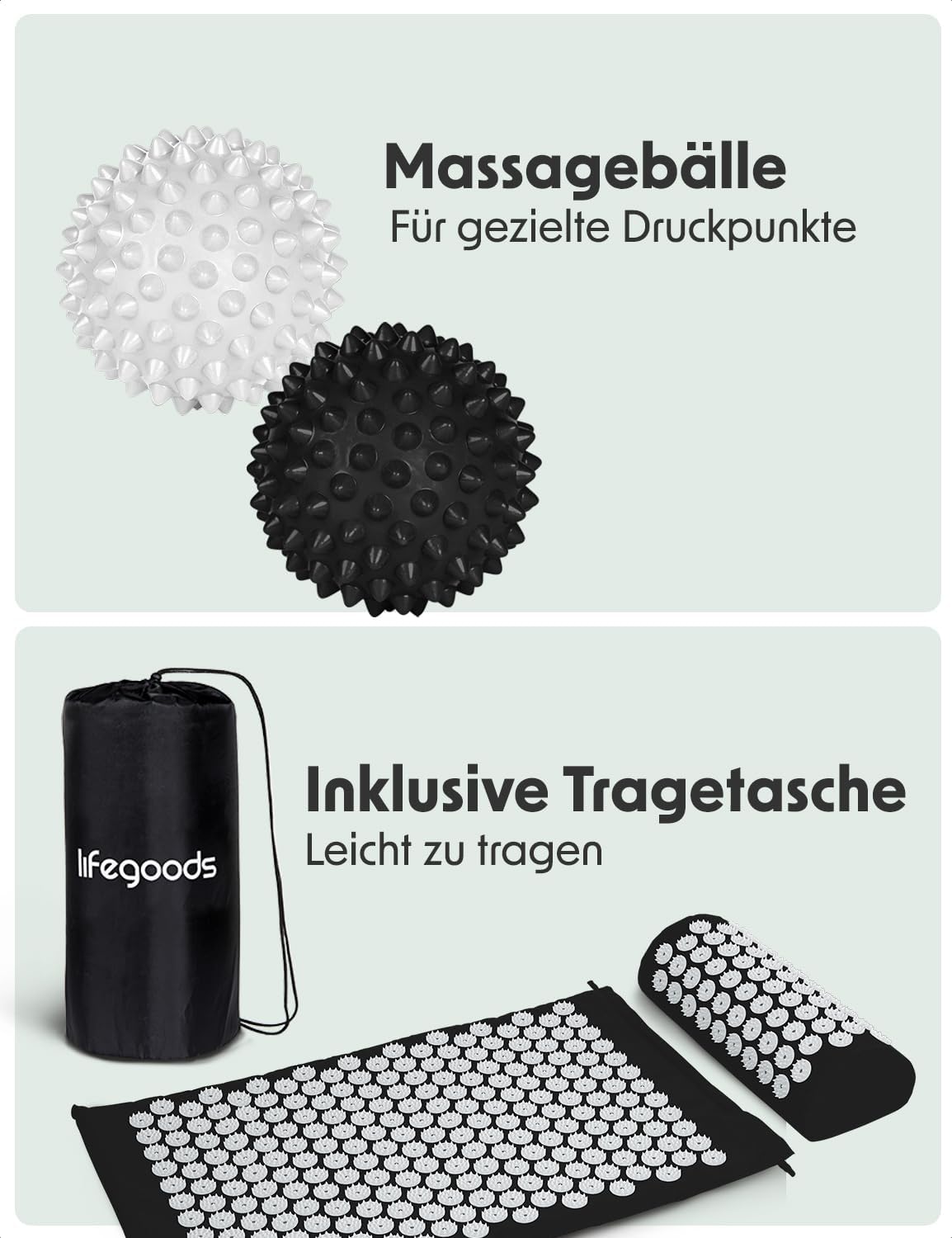 Detalle de LifeGoods Akupressurmatte mit Kissen – Akkupressmatte gegen Schmerzen & Stress, Massagematte für Rücken und Nacken