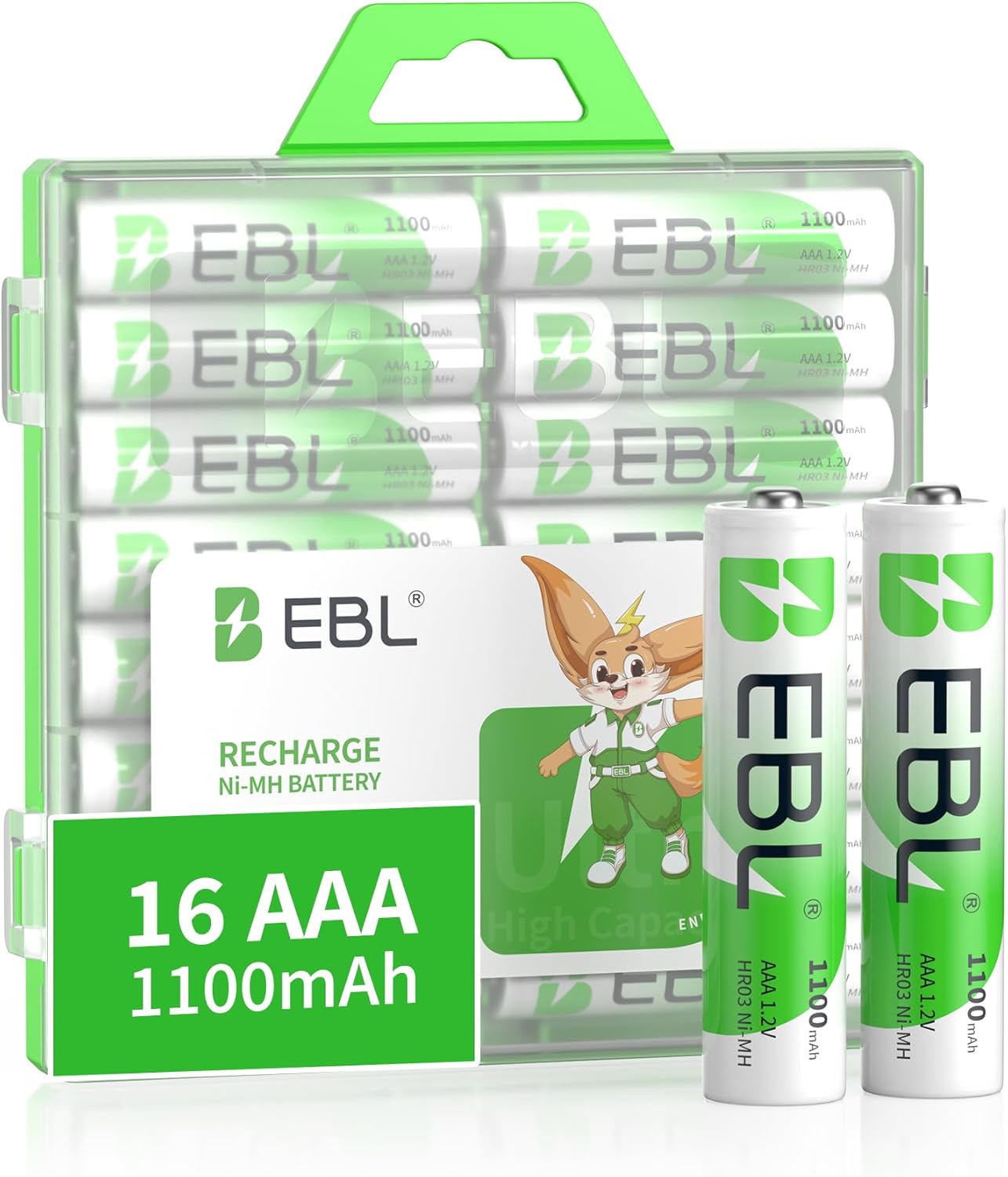 EBL 16 Pack 1100mAh AAA Ni-MH Rechargeable Batteries with Durable Storage Case