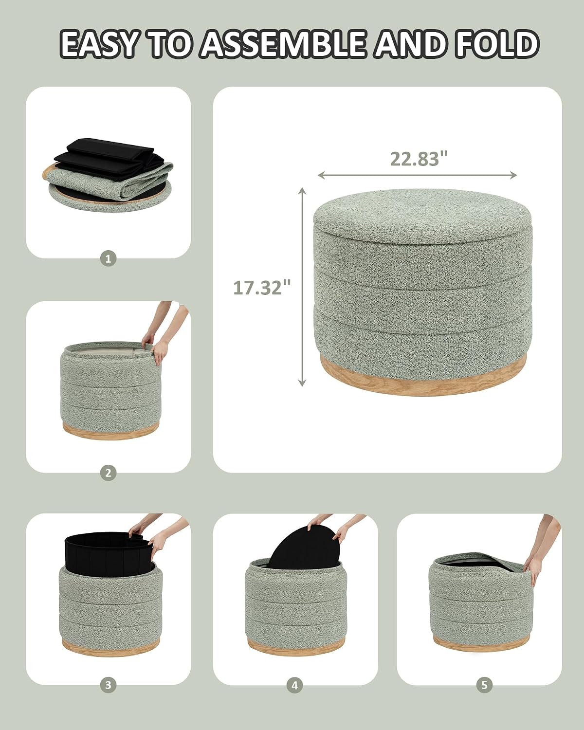 Detalle de PINPLUS Green Chenille Folding Storage Ottoman, Round, 150 kg Capacity