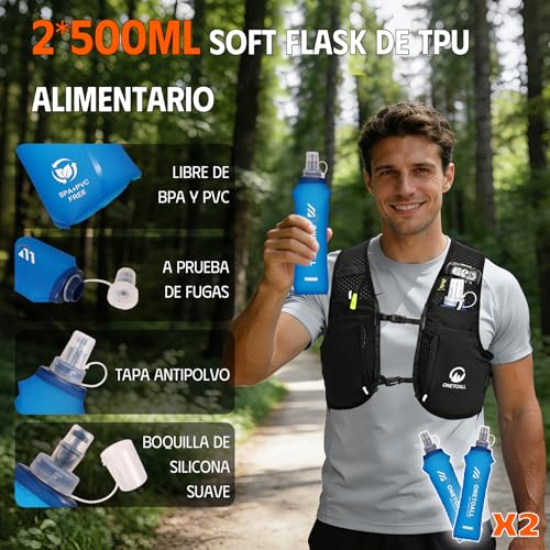 Thumbnail 7 de ONETOALL Chaleco Running con Luz LED y 2 Botellas 500 ml – Hidratación y seguridad para trail