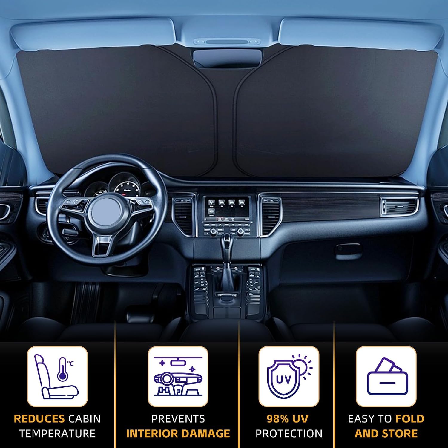 Detalle de Toyota RAV4 Windshield Sun Shade (2019–2026): Custom Front Window Shade for LE, XLE, Premium, XSE, Limited, SE, TRD Off-Road