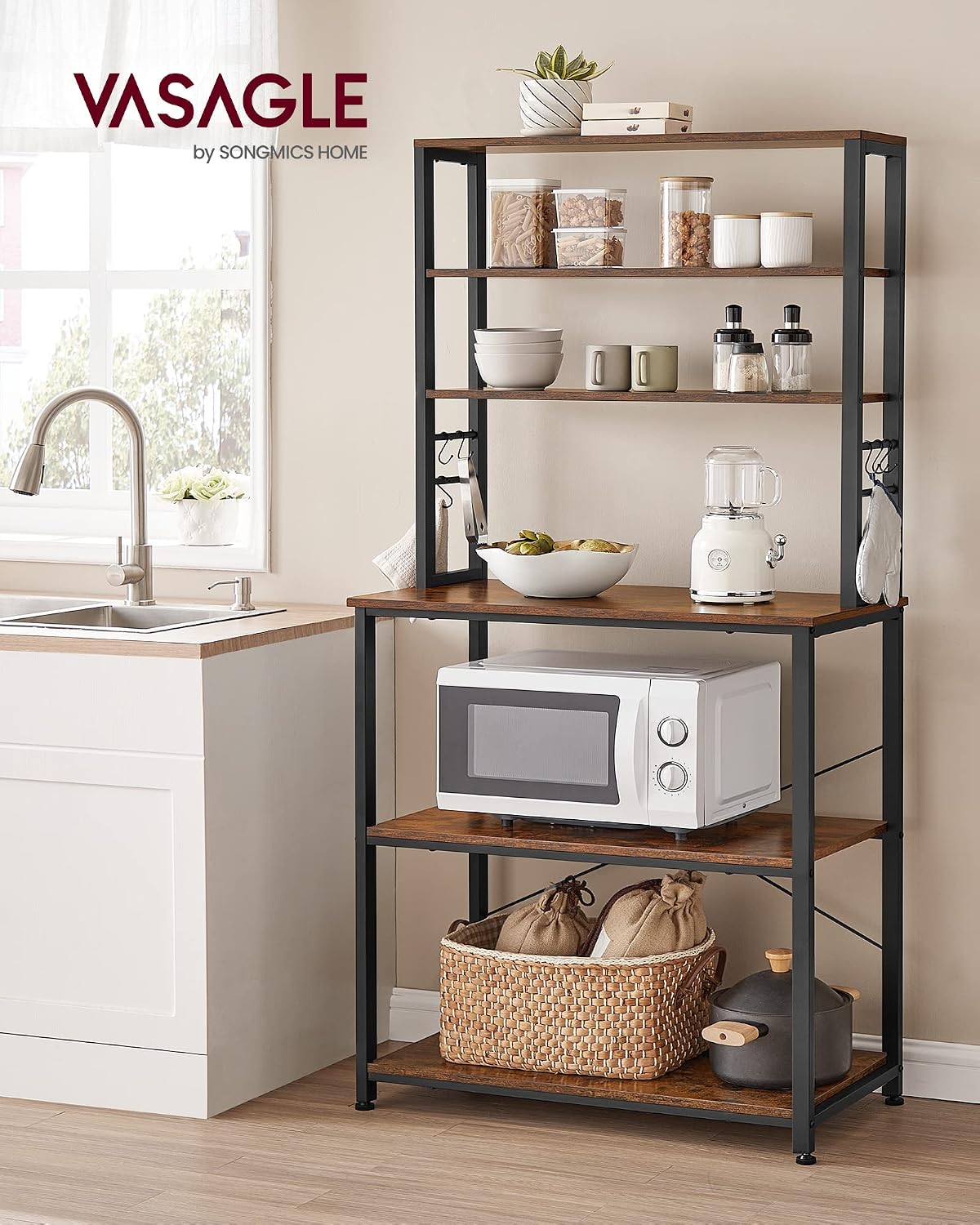 Detalle de VASAGLE UKKS019B01 Baker’s Rack, 6 Shelves and 6 Hooks, Rustic Brown