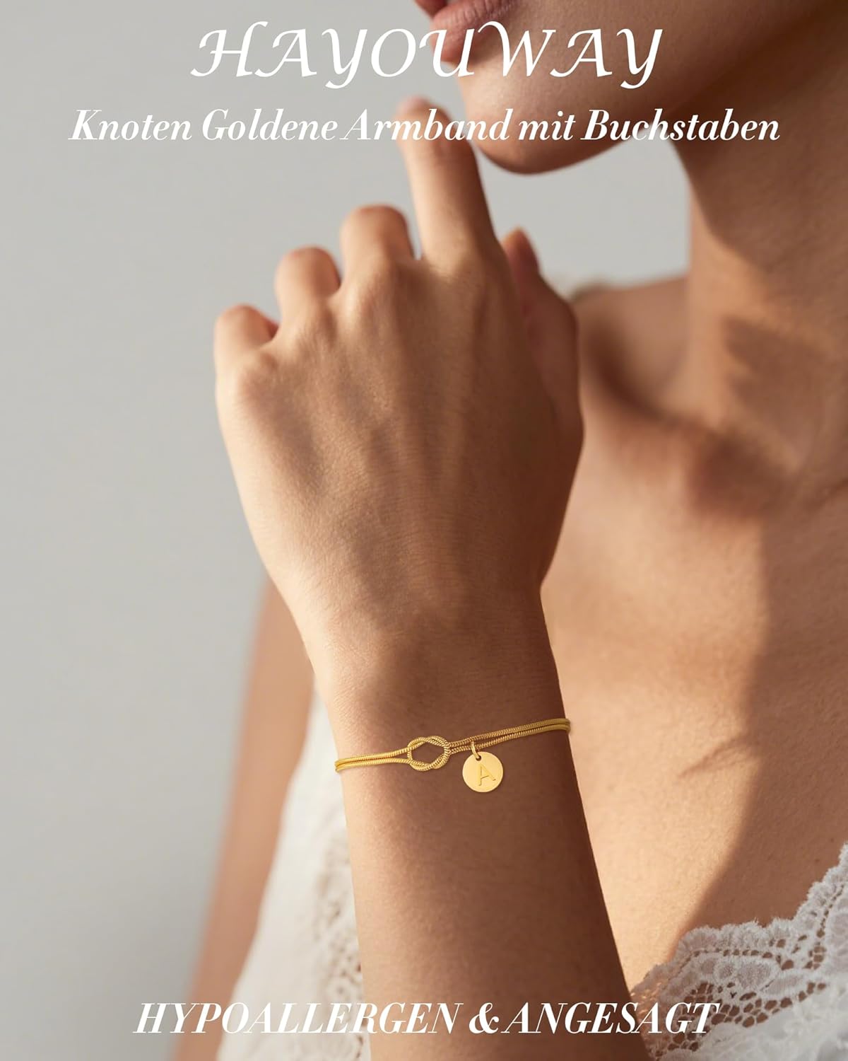 Detalle de Armband Damen Gold mit Liebesknoten und Buchstaben – 14K Vergoldet, personalisierbar
