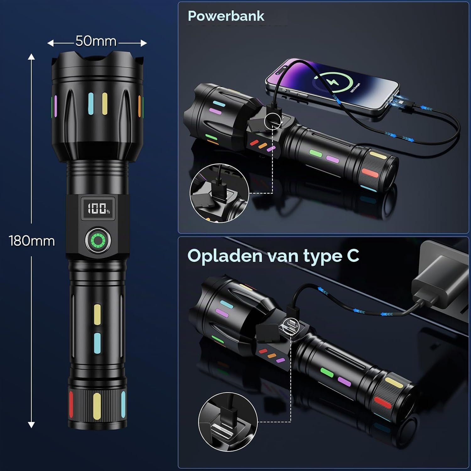 Detalle 2 de K KASONIC MT-AF60 oplaadbare LED-zaklamp met zoom, 1.000 lumen en USB-C