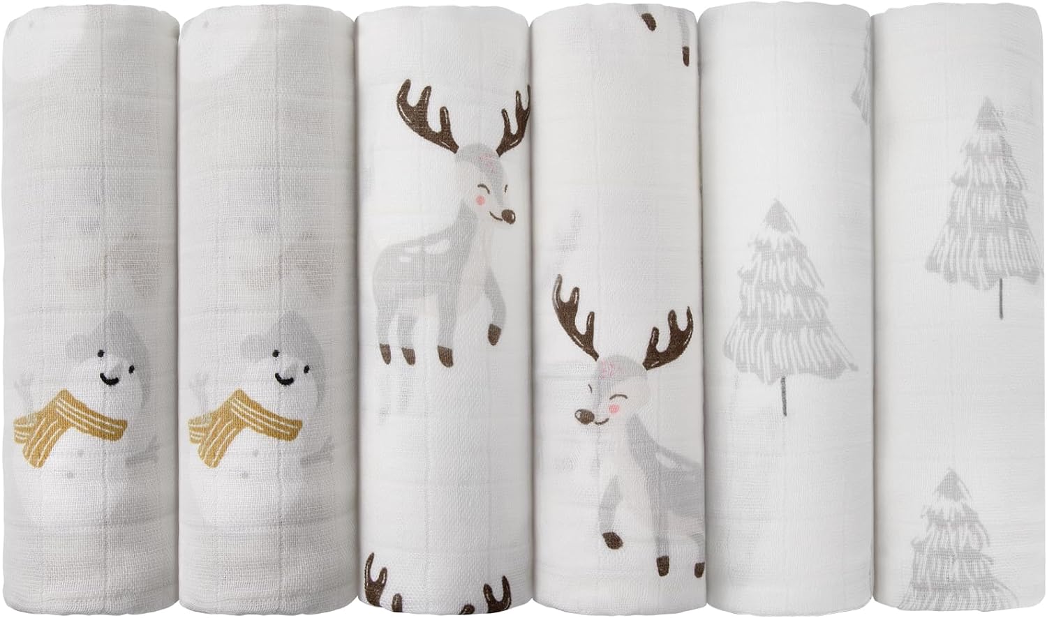 Maliton Muslin Cloths for Baby (6-pack) 70x70cm cotton burp cloths – soft breathable muslins with snowman, reindeer & pine tree prints