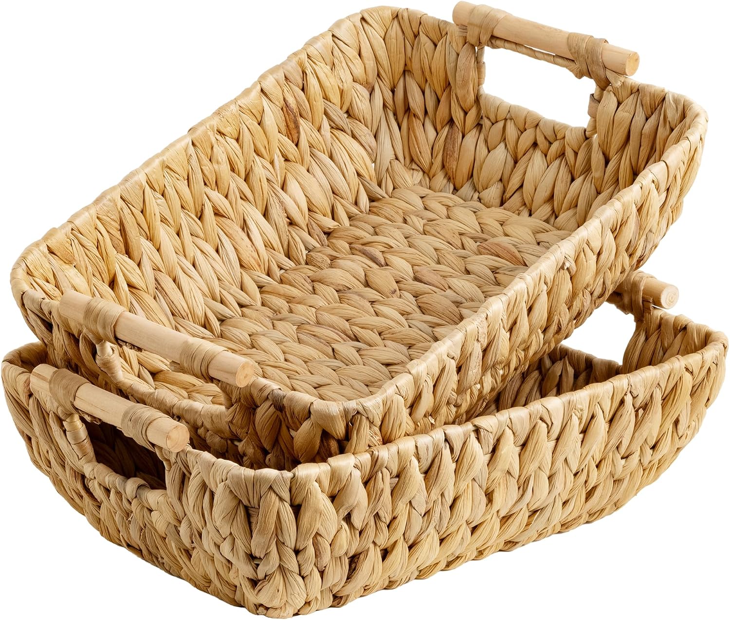 Detalle de StorageWorks Hand-Woven Water Hyacinth Baskets, 2-Pack with Wooden Handles