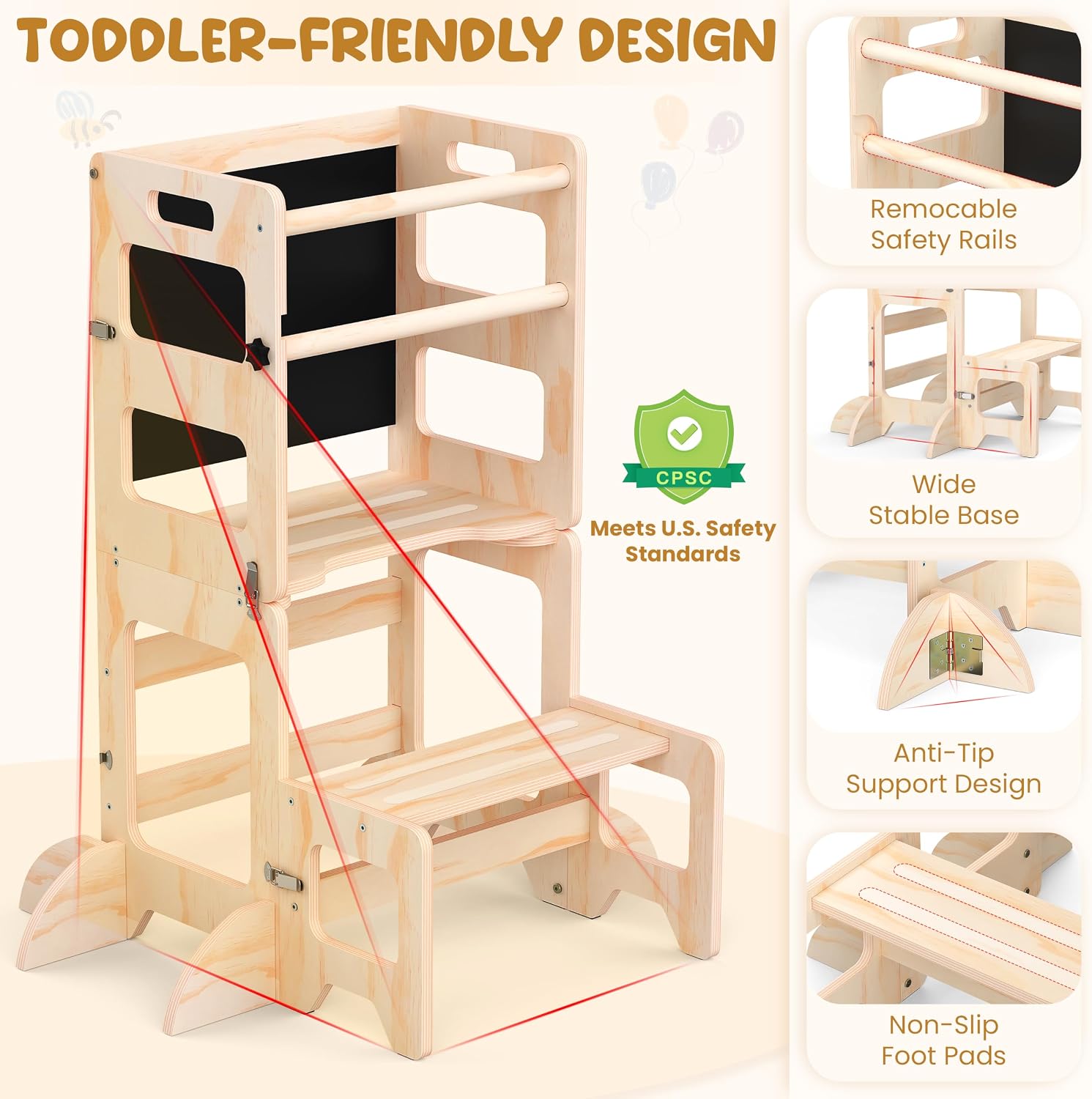 Detalle de Toddler Kitchen Step Stool 4-in-1 Foldable Standing Tower with Blackboard (Ages 18 Months to 4 Years)