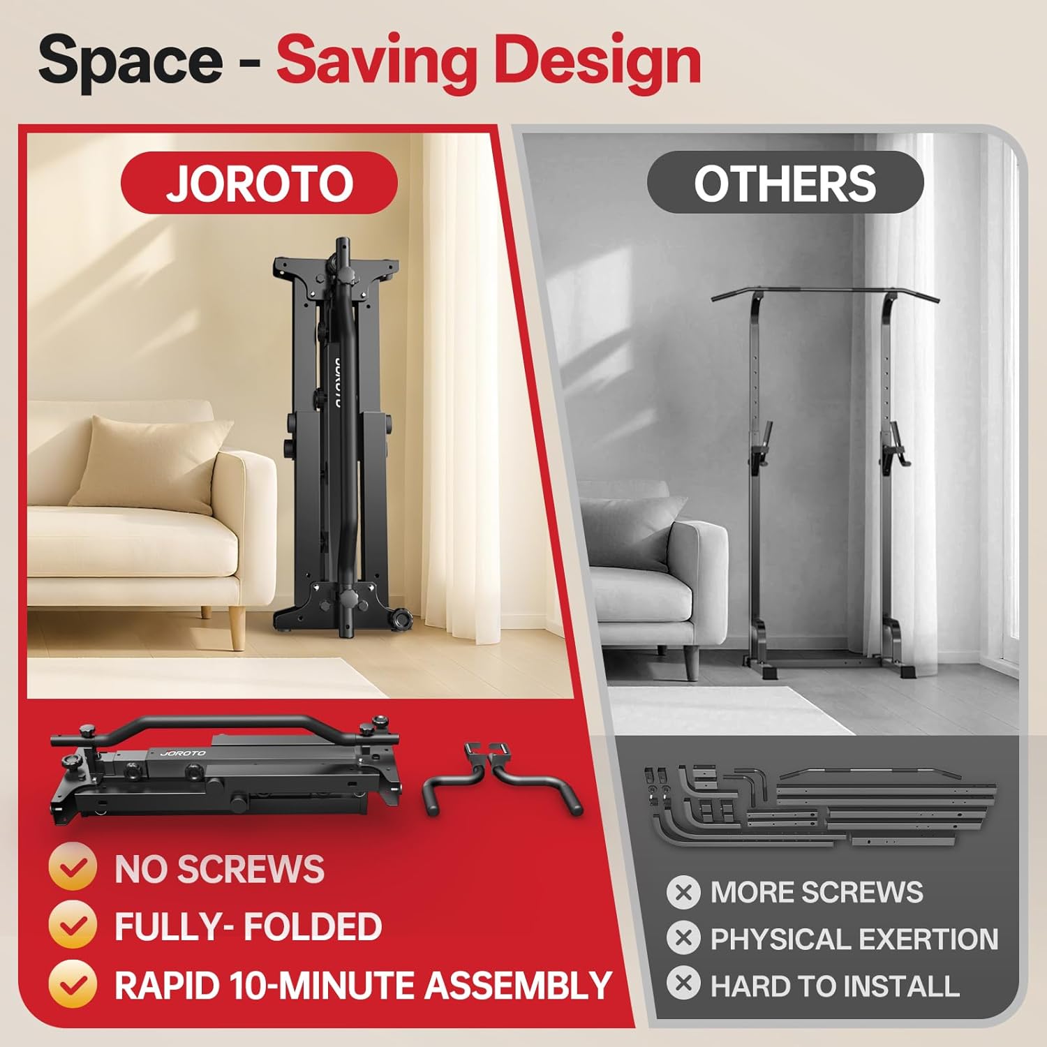 Detalle de JOROTO Foldable Power Tower Pull Up Bar Station – Height Adjustable 5-in-1 Dip Workout Stand (172kg capacity)