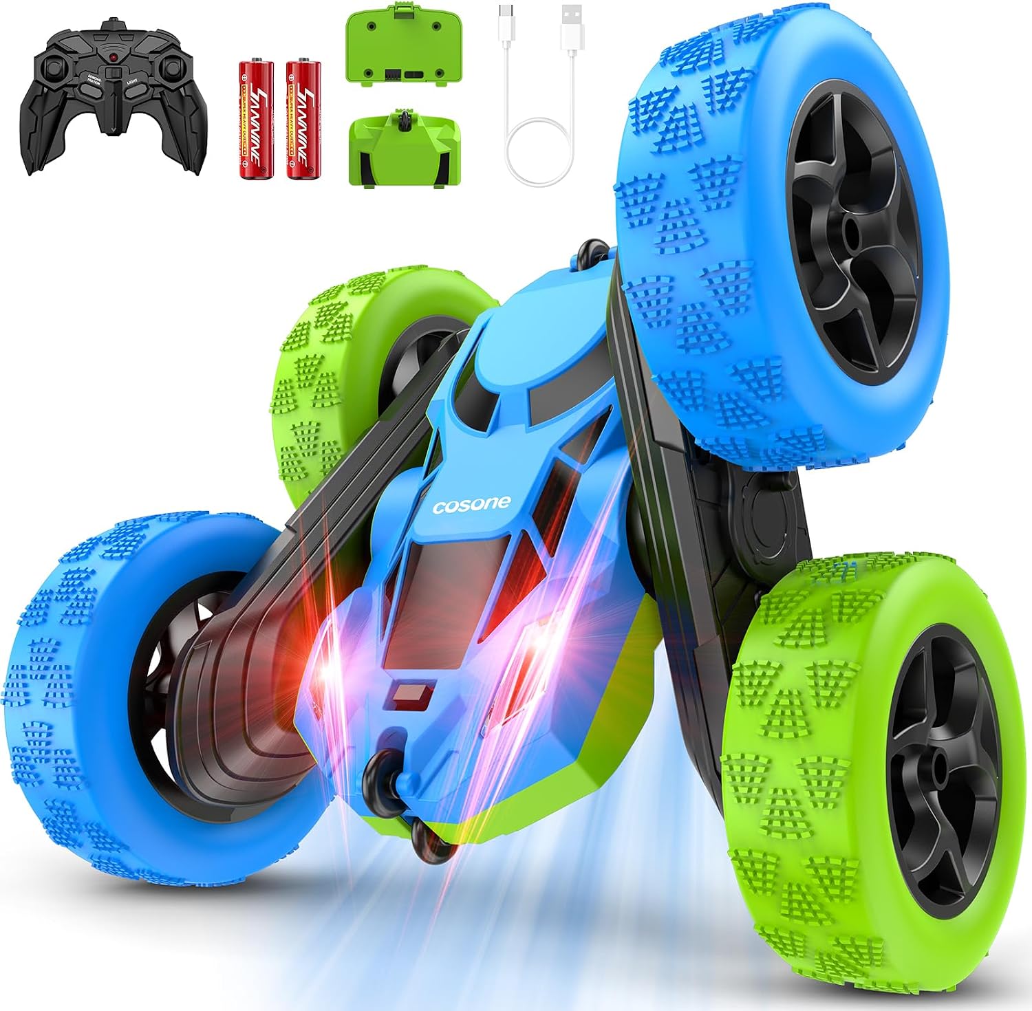 Detalle de COSONE Blue Green RC Car for Kids: 360° Stunt Fun with USB-C Rechargeable Battery