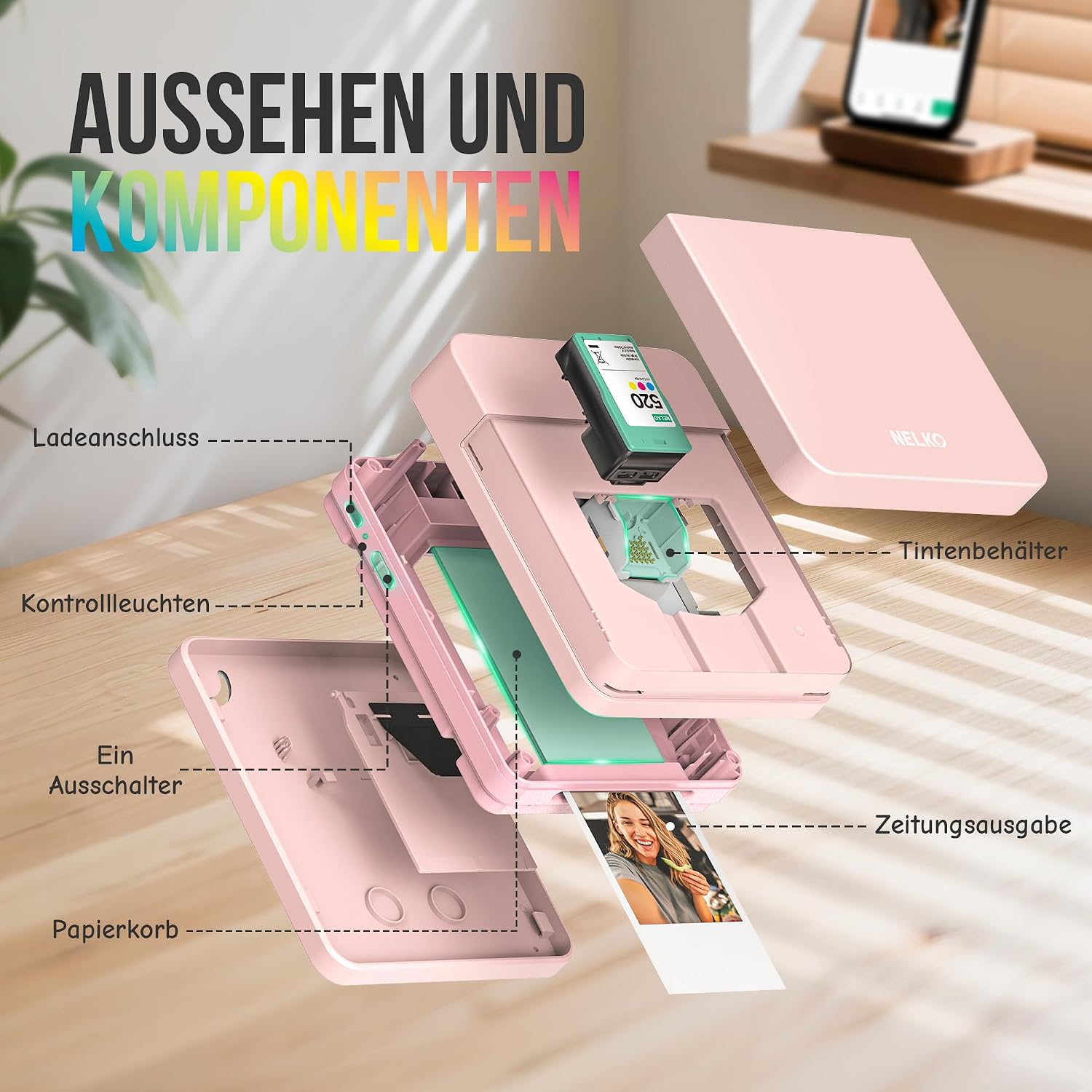 Detalle de Nelko PP01 Tragbarer Mini-Fotodrucker – Rosa, 20 Blatt Klebepapier, Bluetooth, App, Tintenstrahldrucker