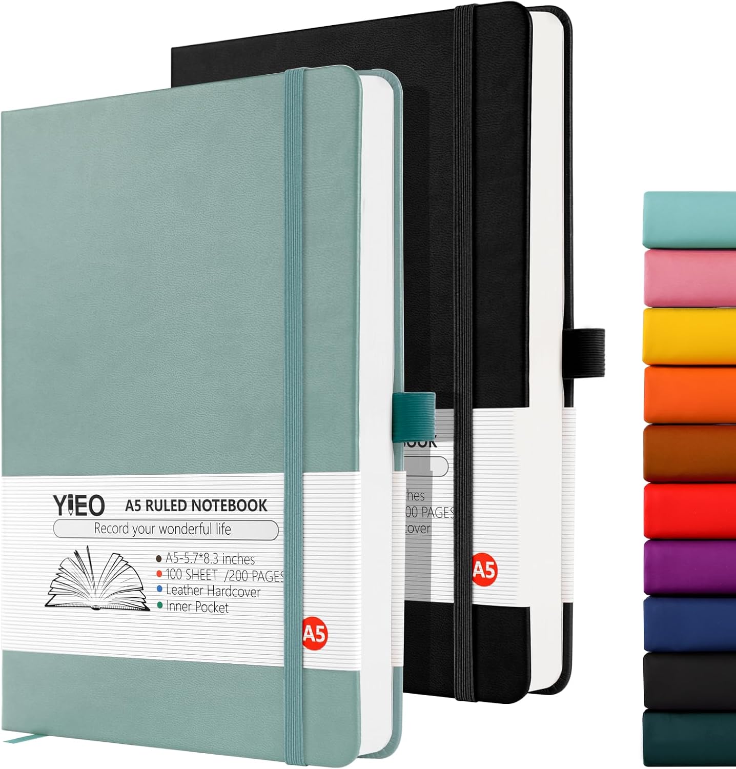 Detalle de YIEO A5 Hardback Journal Notebook 2 Pack with 398 lined pages, bookmark, pen loop & expandable pocket (Black + Grayblue)